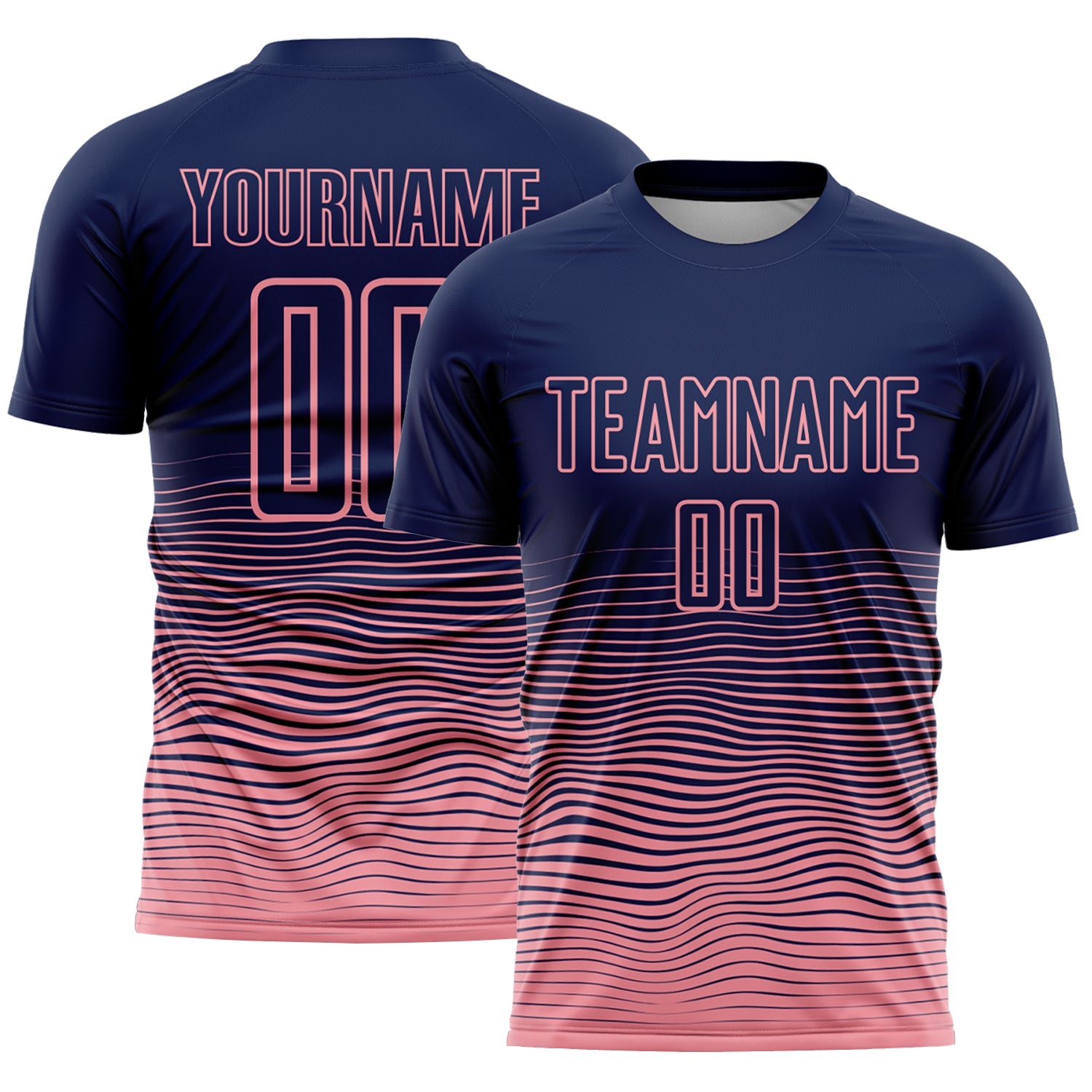 Custom Navy Medium Pink Gradient Wave Line Sports Sublimation Soccer Uniform Jersey - Main View