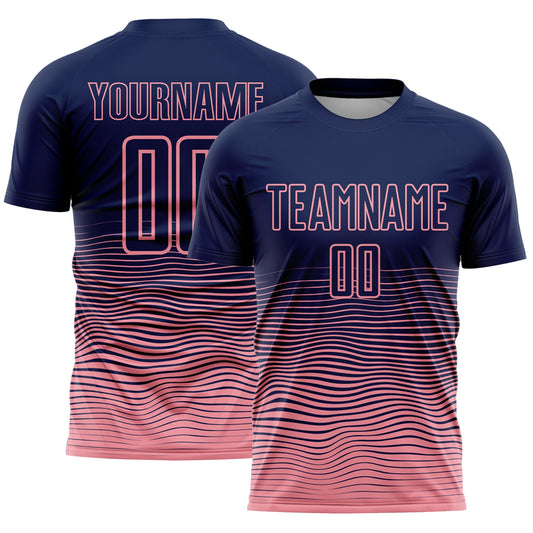 Custom Navy Medium Pink Gradient Wave Line Sports Sublimation Soccer Uniform Jersey - Main View