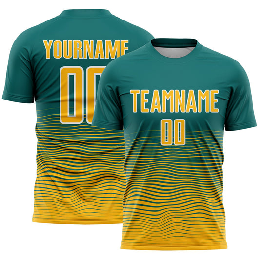 Custom Teal Gold-White Gradient Wave Line Sports Sublimation Soccer Uniform Jersey - Main View
