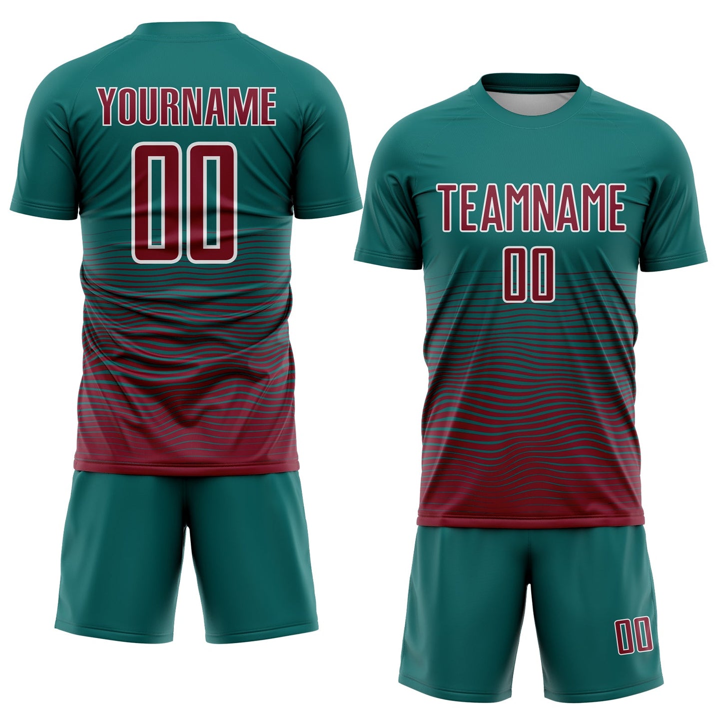 Custom Teal Crimson-White Gradient Wave Line Sports Sublimation Soccer Uniform Jersey view 2