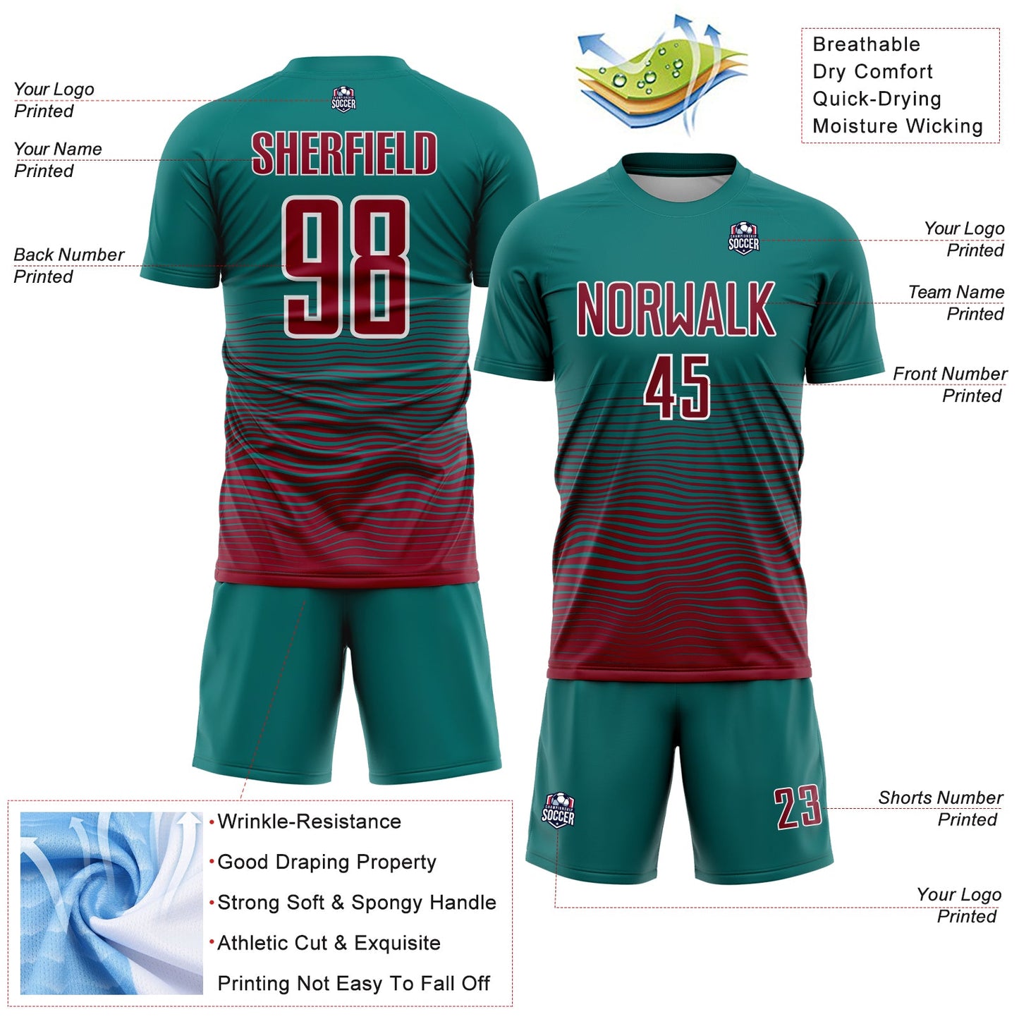 Custom Teal Crimson-White Gradient Wave Line Sports Sublimation Soccer Uniform Jersey view 4