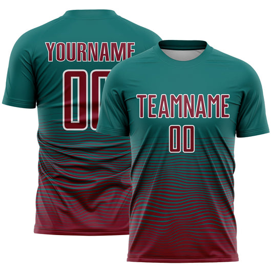 Custom Teal Crimson-White Gradient Wave Line Sports Sublimation Soccer Uniform Jersey - Main View