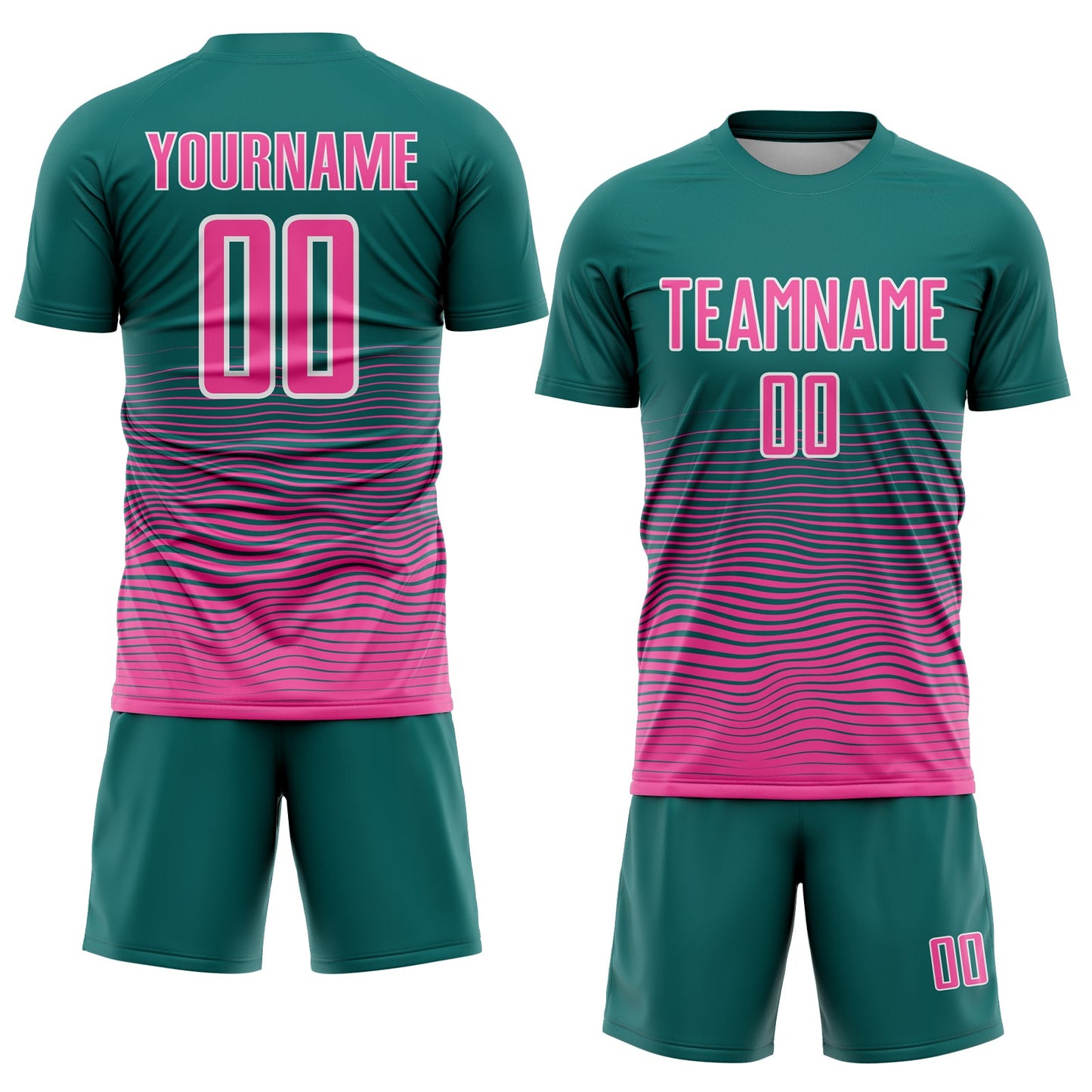 Custom Teal Pink-White Gradient Wave Line Sports Sublimation Soccer Uniform Jersey view 2