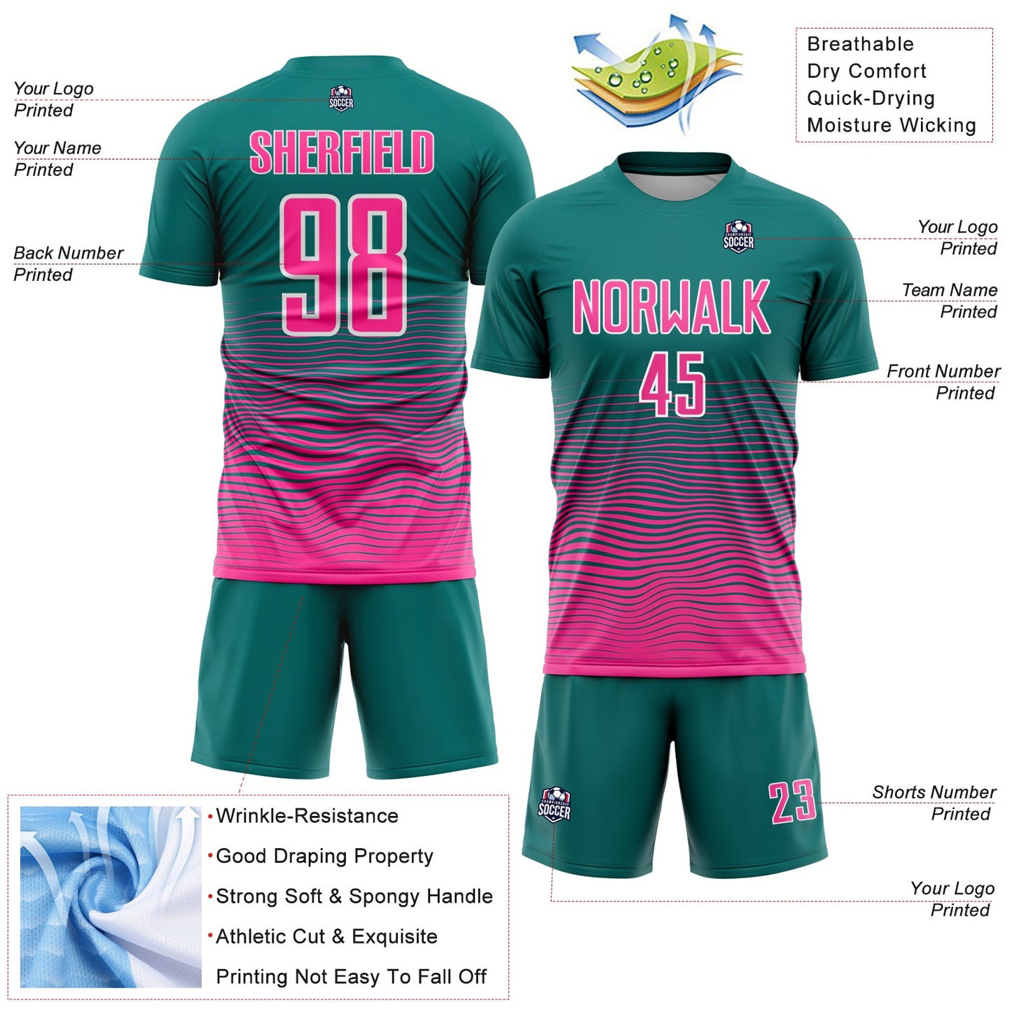 Custom Teal Pink-White Gradient Wave Line Sports Sublimation Soccer Uniform Jersey view 4