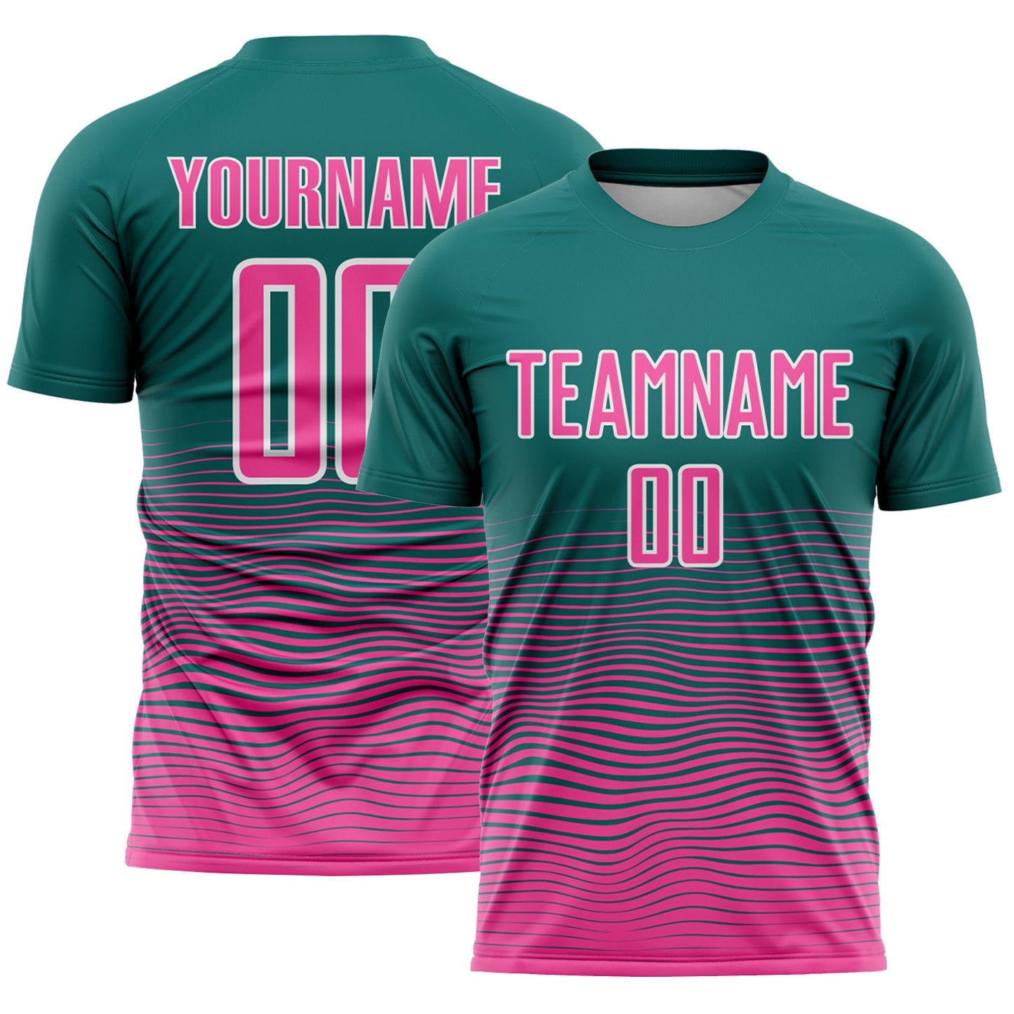Custom Teal Pink-White Gradient Wave Line Sports Sublimation Soccer Uniform Jersey - Main View