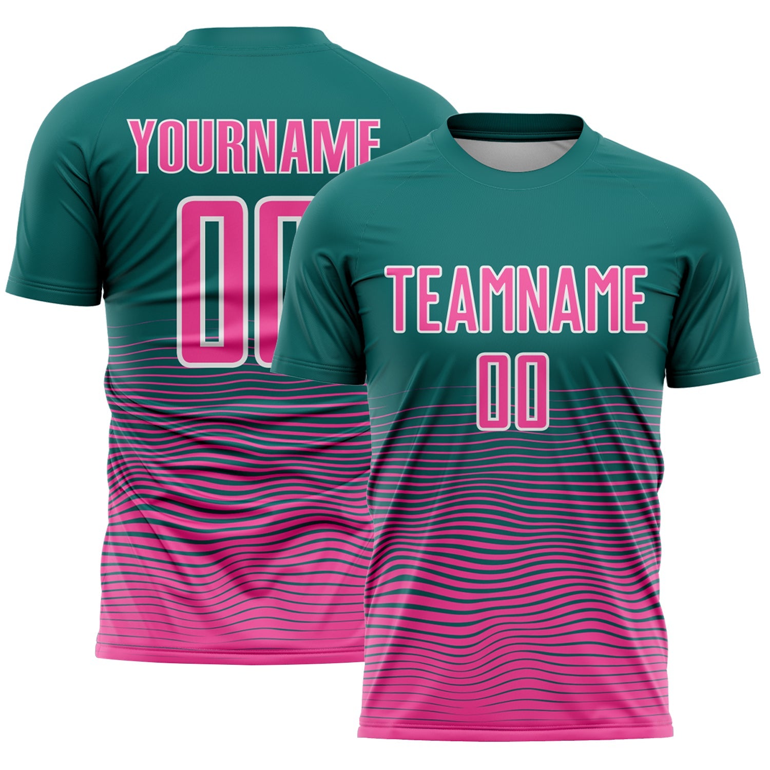 Custom Teal Pink-White Gradient Wave Line Sports Sublimation Soccer Uniform Jersey - Main View