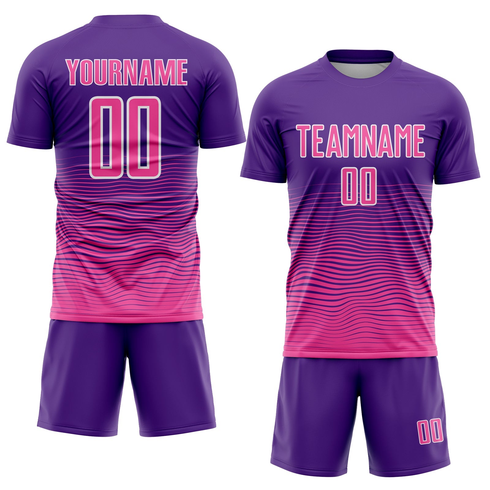 Custom Purple Pink-White Gradient Wave Line Sports Sublimation Soccer Uniform Jersey view 2