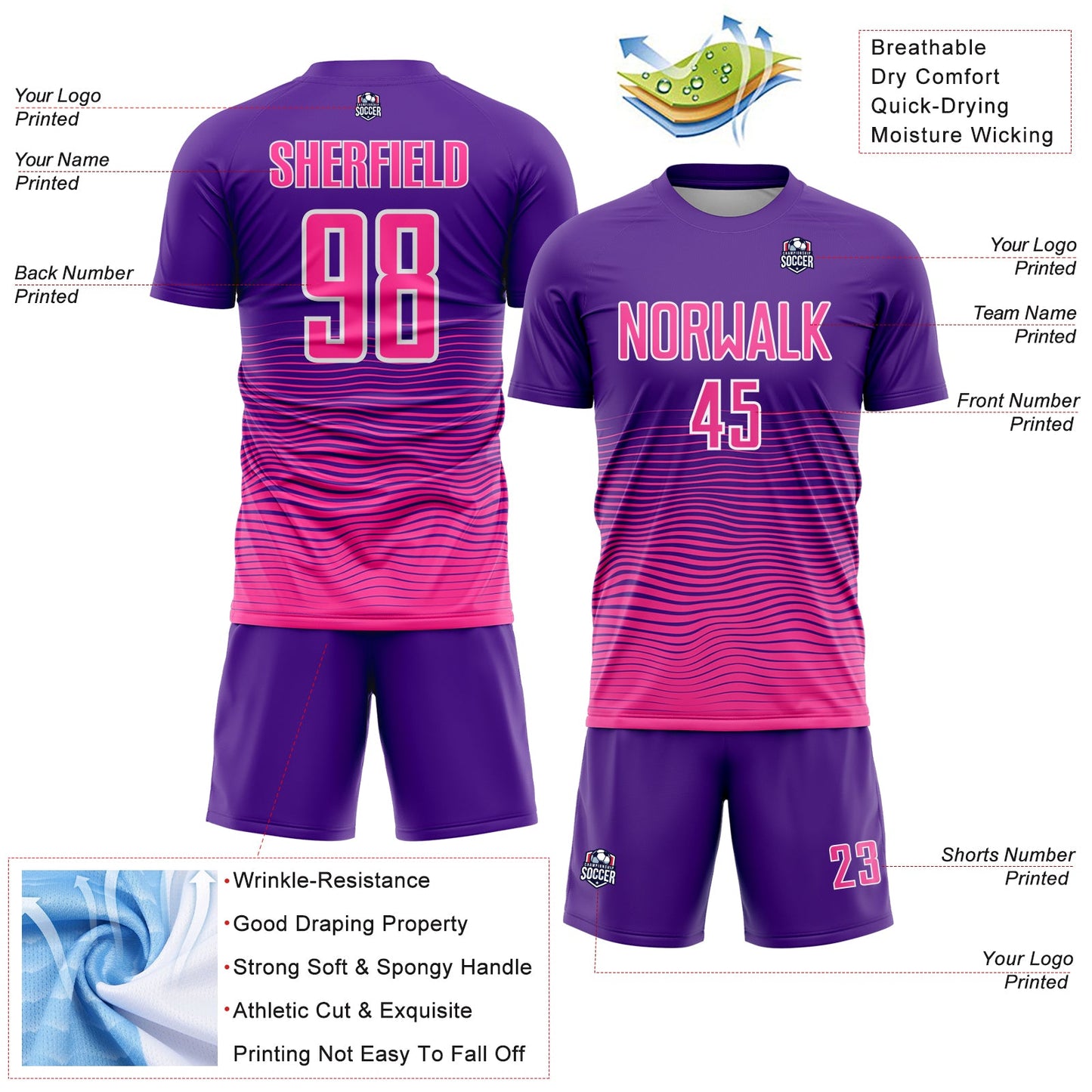Custom Purple Pink-White Gradient Wave Line Sports Sublimation Soccer Uniform Jersey view 4