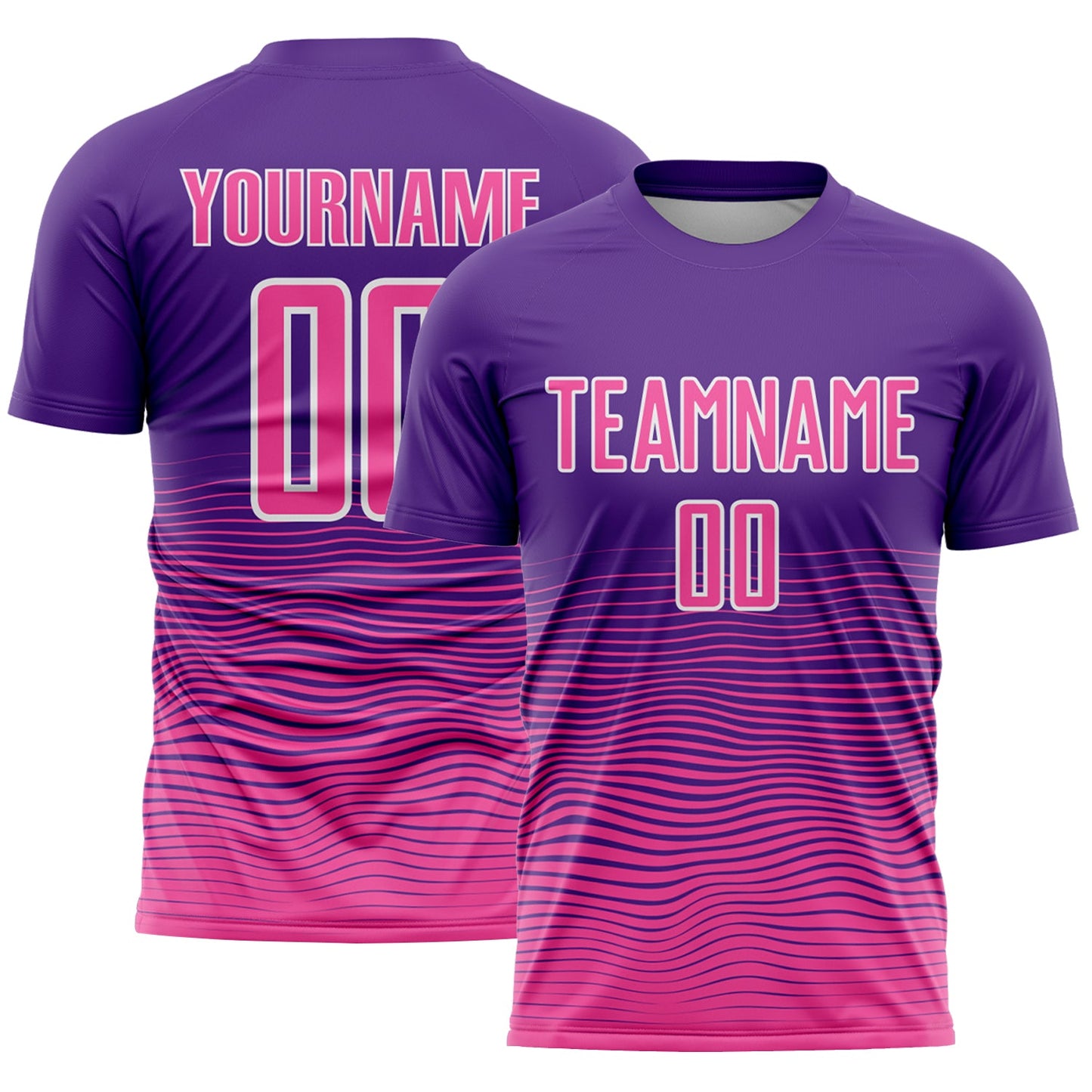Custom Purple Pink-White Gradient Wave Line Sports Sublimation Soccer Uniform Jersey - Main View