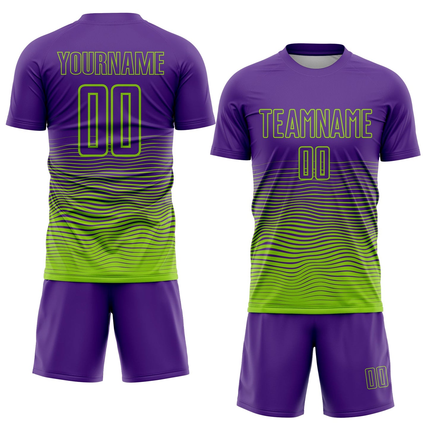 Custom Purple Neon Green Gradient Wave Line Sports Sublimation Soccer Uniform Jersey view 2