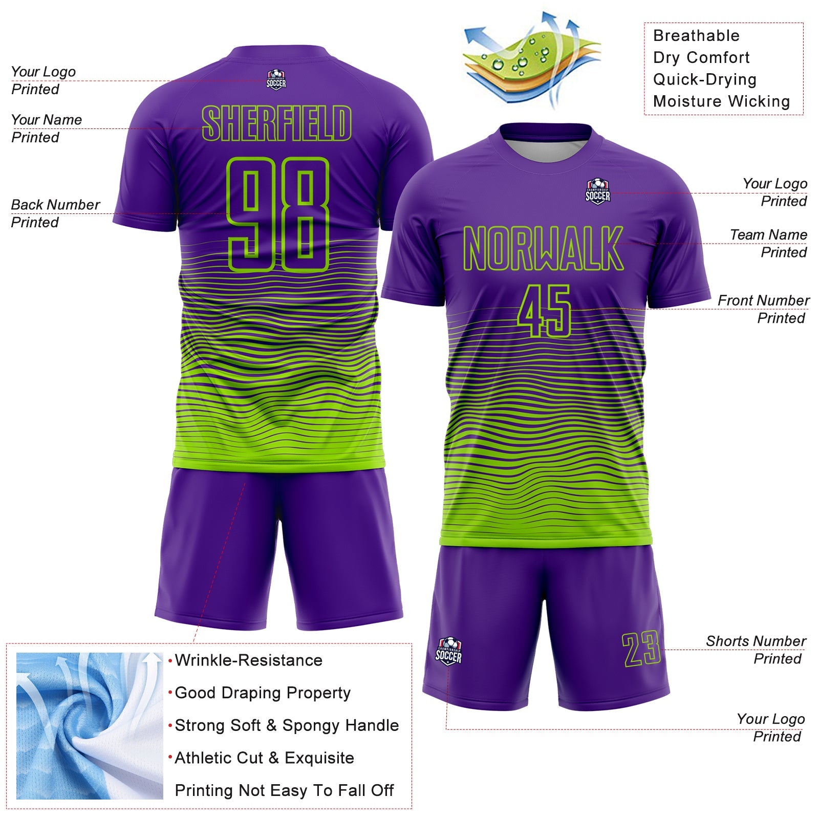 Custom Purple Neon Green Gradient Wave Line Sports Sublimation Soccer Uniform Jersey view 4