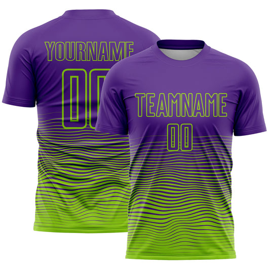 Custom Purple Neon Green Gradient Wave Line Sports Sublimation Soccer Uniform Jersey - Main View
