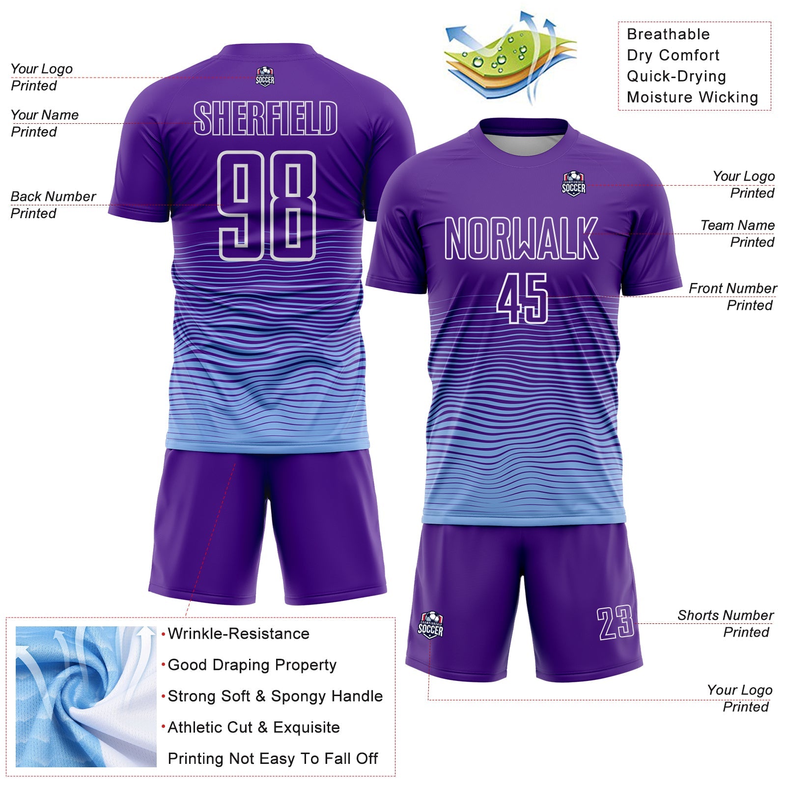 Custom Purple White-Light Blue Gradient Wave Line Sports Sublimation Soccer Uniform Jersey view 4