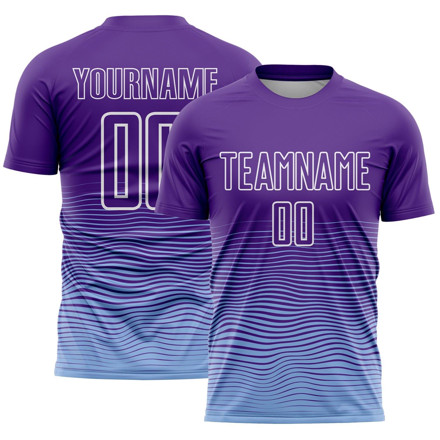 Custom Purple White-Light Blue Gradient Wave Line Sports Sublimation Soccer Uniform Jersey - Main View