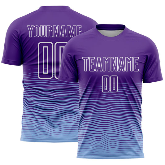 Custom Purple White-Light Blue Gradient Wave Line Sports Sublimation Soccer Uniform Jersey - Main View