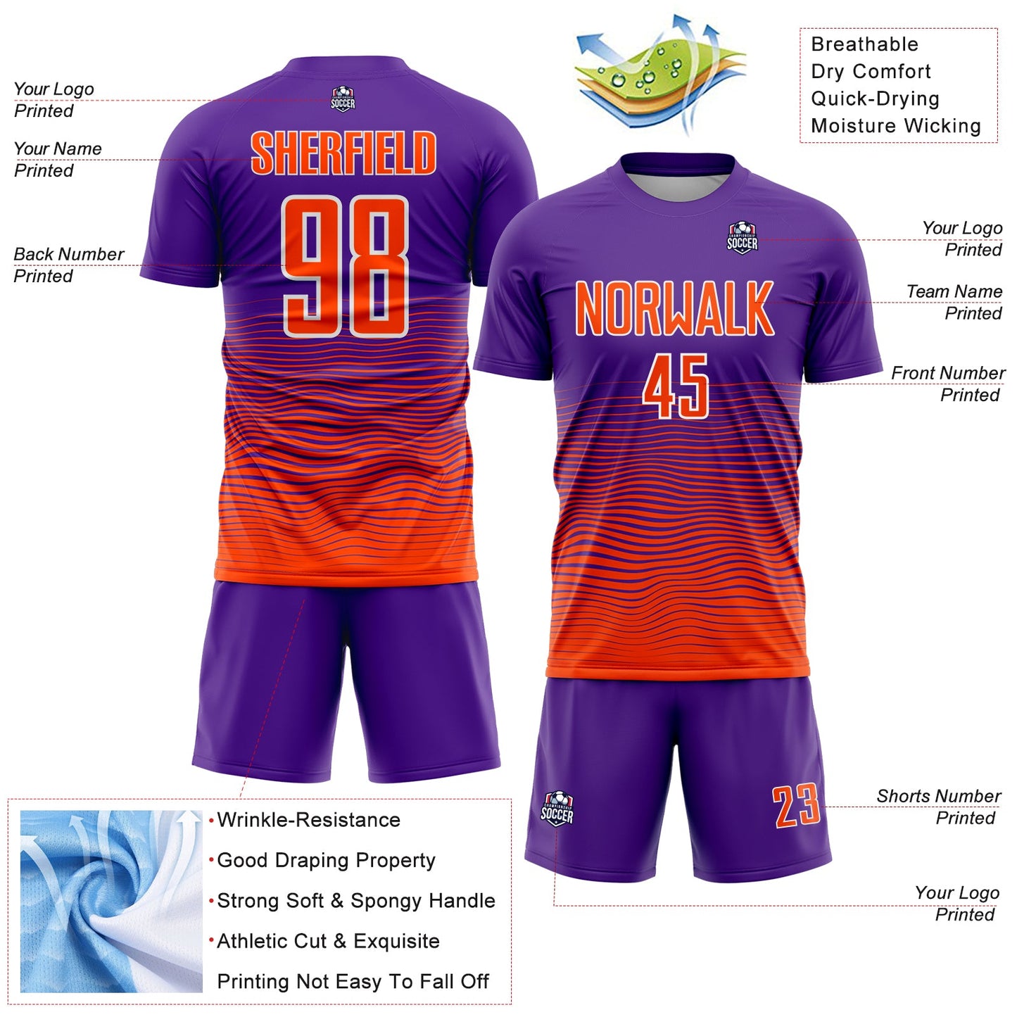 Custom Purple Orange-White Gradient Wave Line Sports Sublimation Soccer Uniform Jersey view 4
