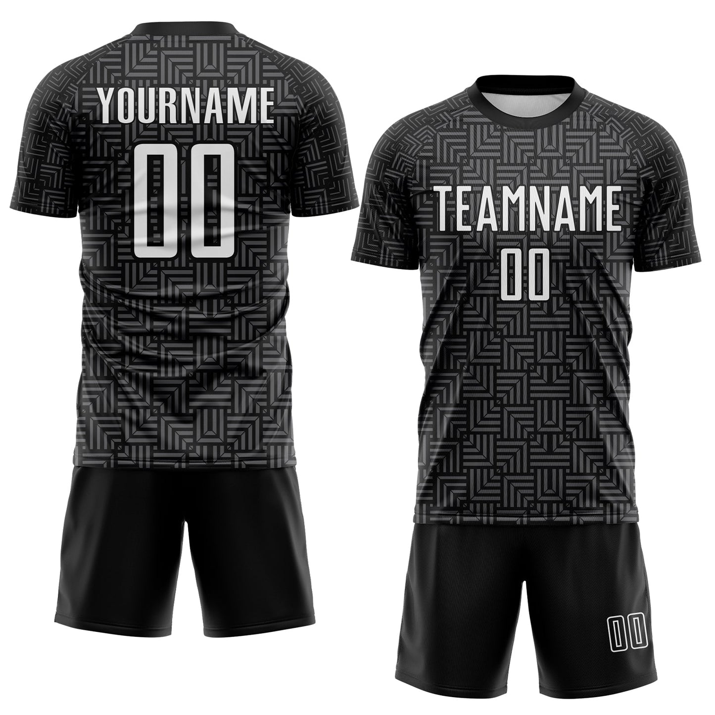 Custom Black White-Steel Gray Geometric Maze Interlocking Square Sports Sublimation Soccer Uniform Jersey view 2