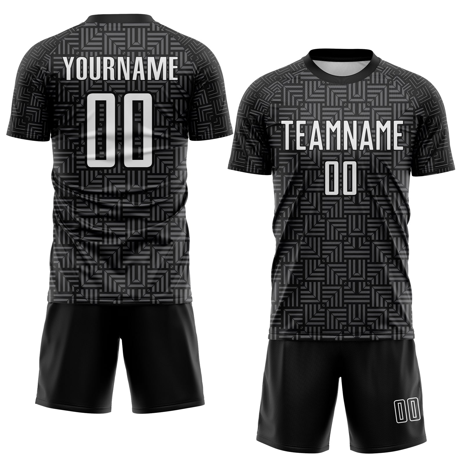 Custom Black White-Steel Gray Geometric Maze Interlocking Square Sports Sublimation Soccer Uniform Jersey view 2