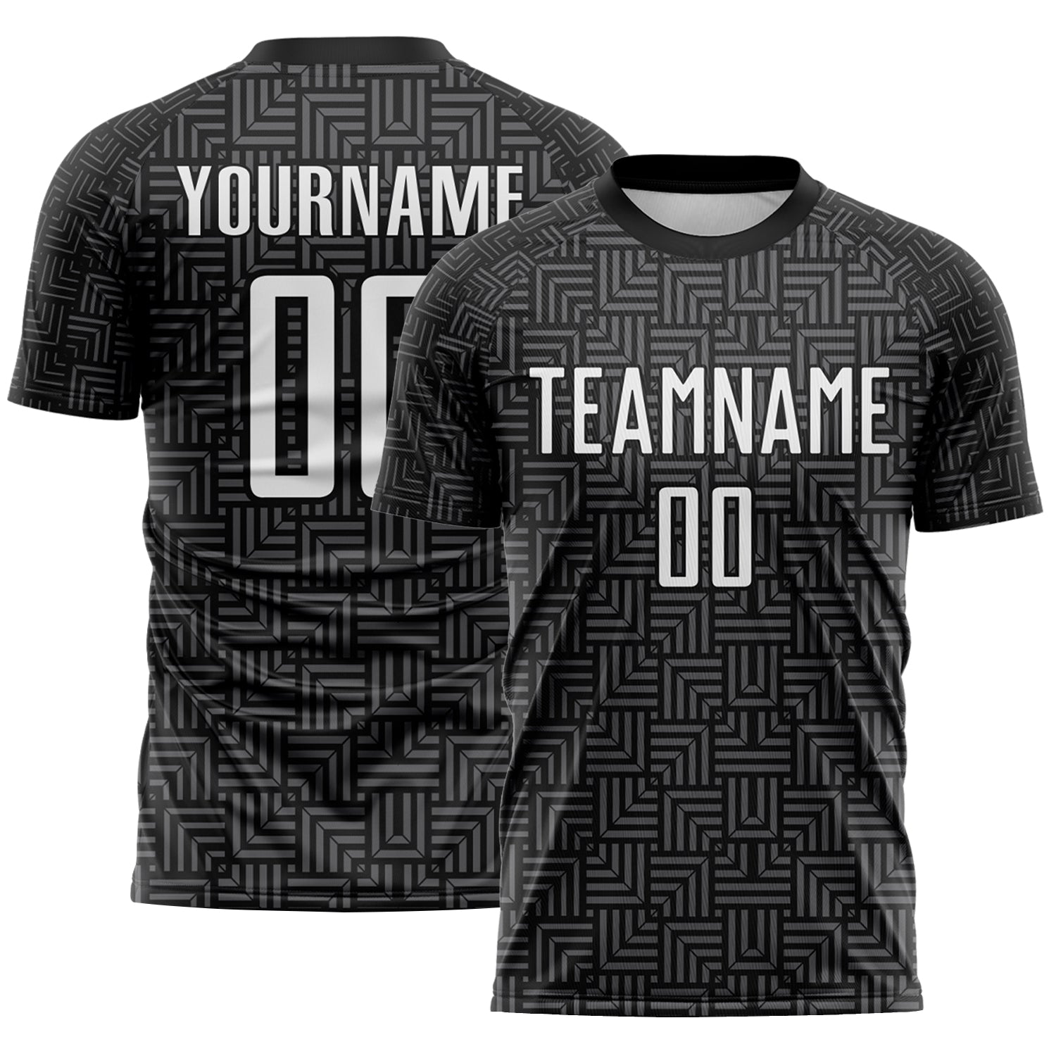 Custom Black White-Steel Gray Geometric Maze Interlocking Square Sports Sublimation Soccer Uniform Jersey - Main View