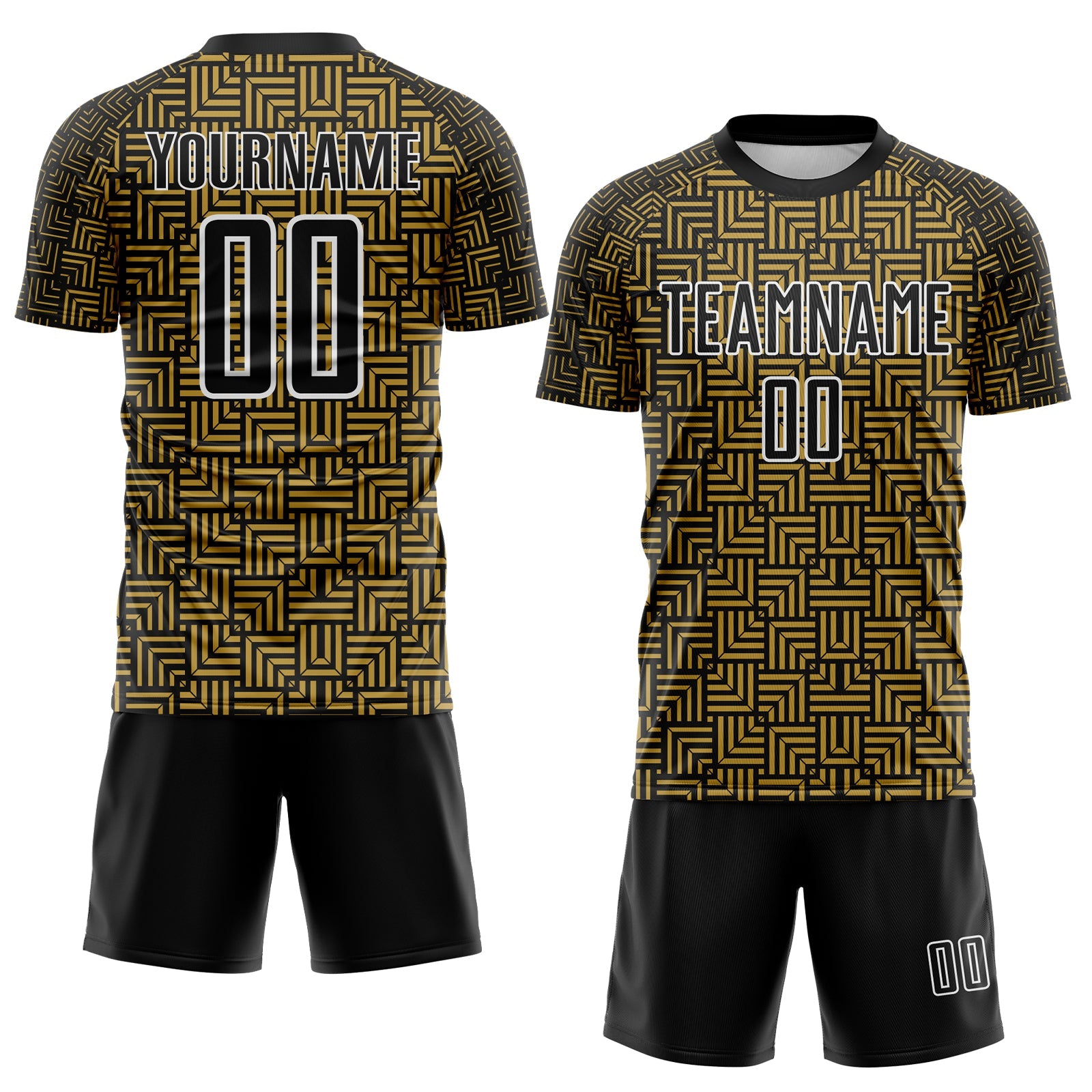 Custom Black Old Gold-White Geometric Maze Interlocking Square Sports Sublimation Soccer Uniform Jersey view 2
