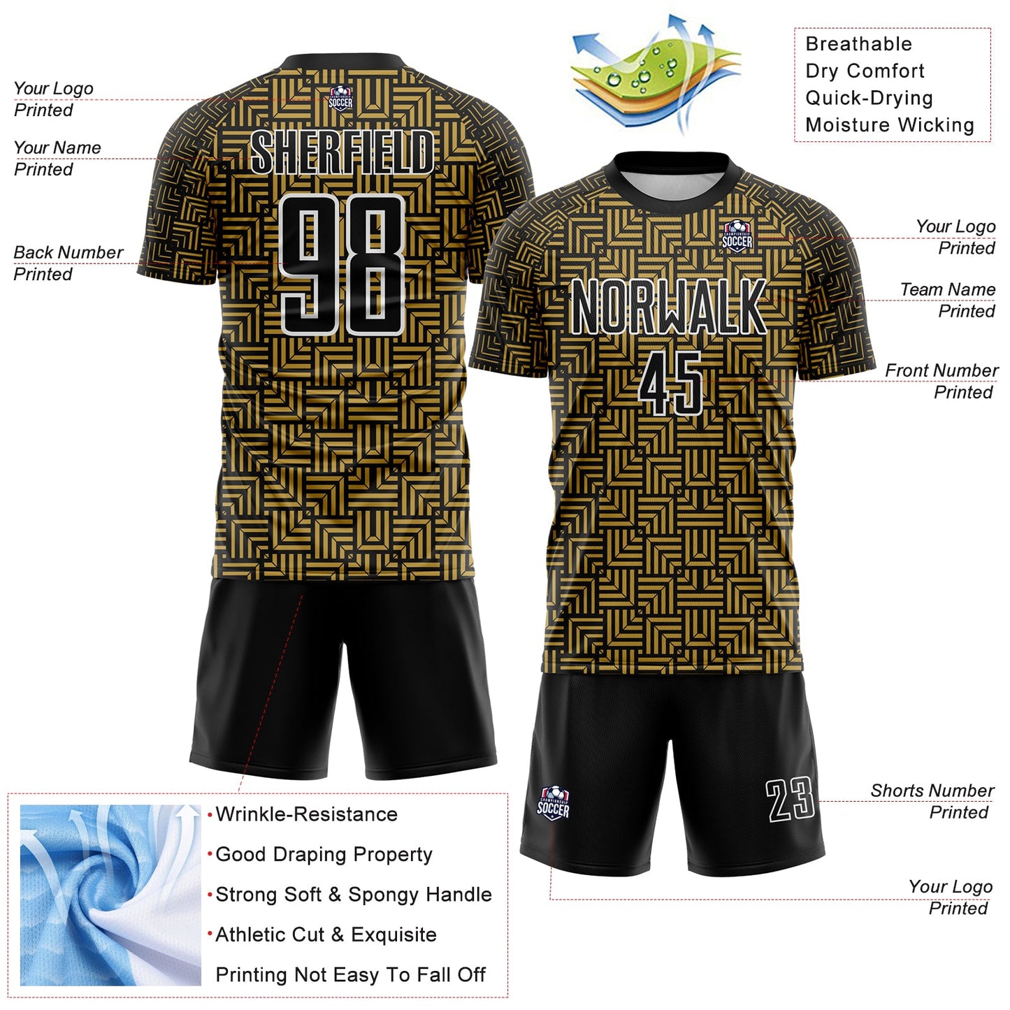 Custom Black Old Gold-White Geometric Maze Interlocking Square Sports Sublimation Soccer Uniform Jersey view 4