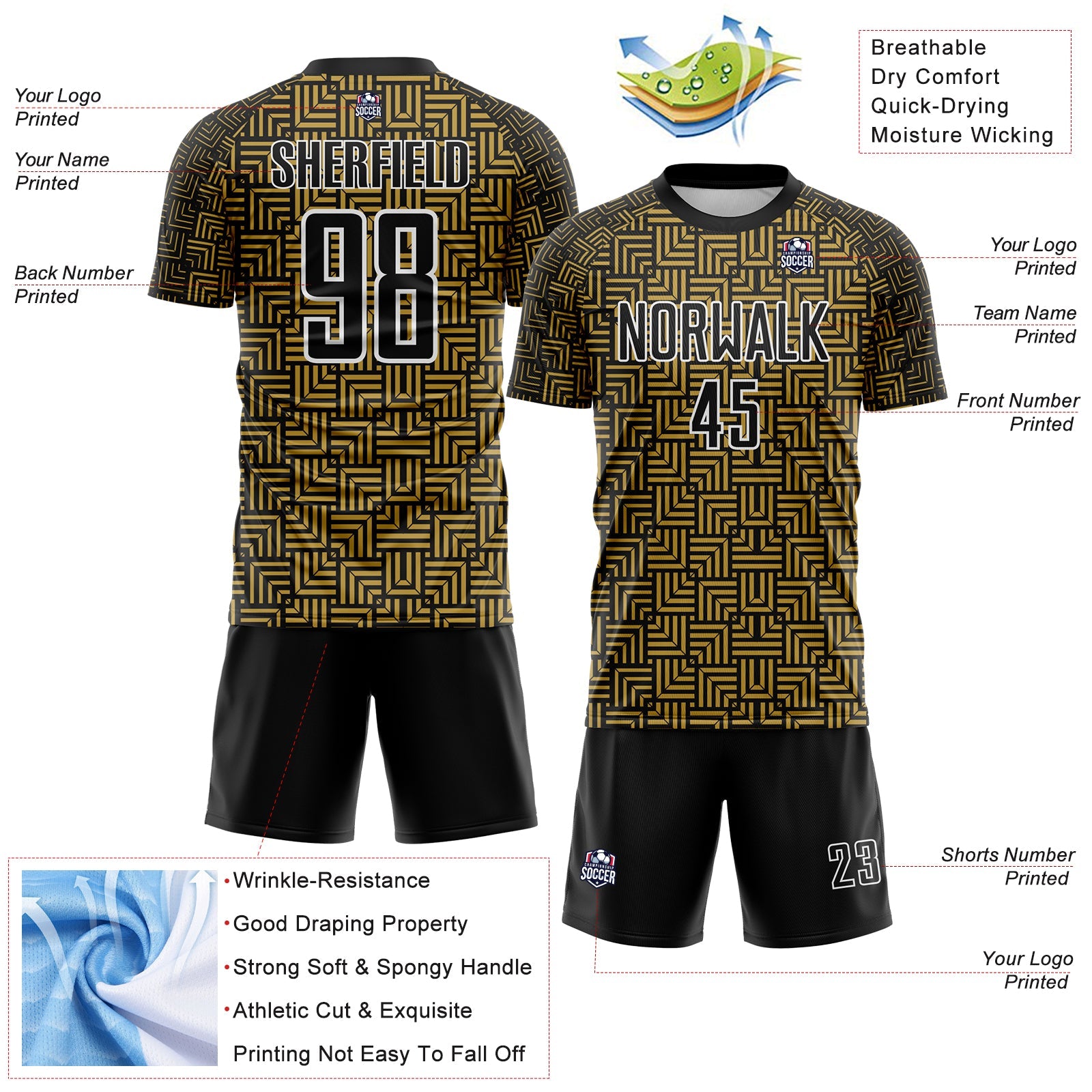 Custom Black Old Gold-White Geometric Maze Interlocking Square Sports Sublimation Soccer Uniform Jersey view 4