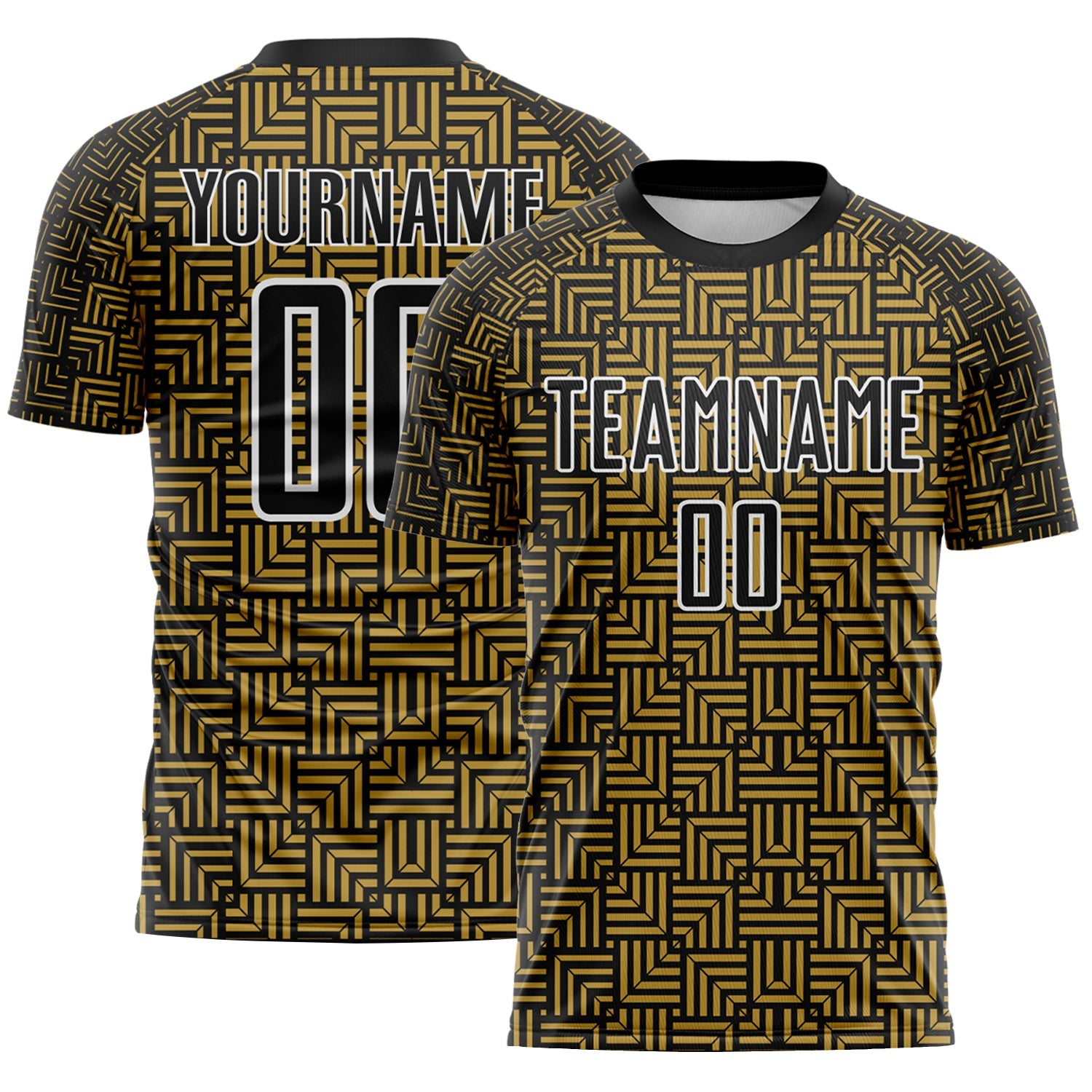Custom Black Old Gold-White Geometric Maze Interlocking Square Sports Sublimation Soccer Uniform Jersey - Main View