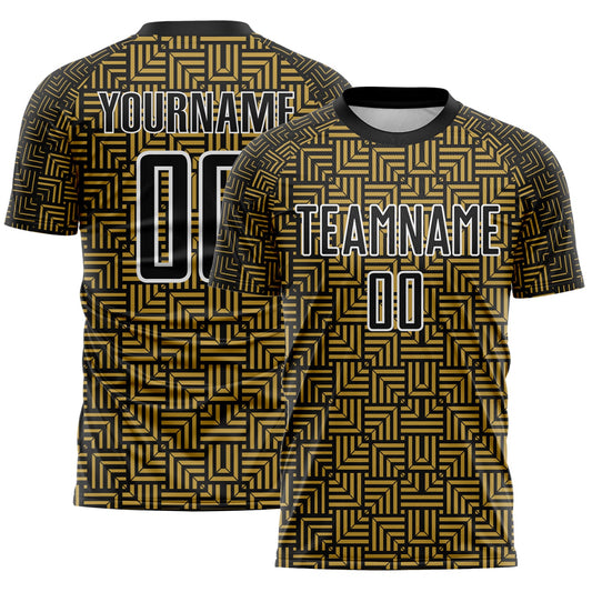 Custom Black Old Gold-White Geometric Maze Interlocking Square Sports Sublimation Soccer Uniform Jersey - Main View