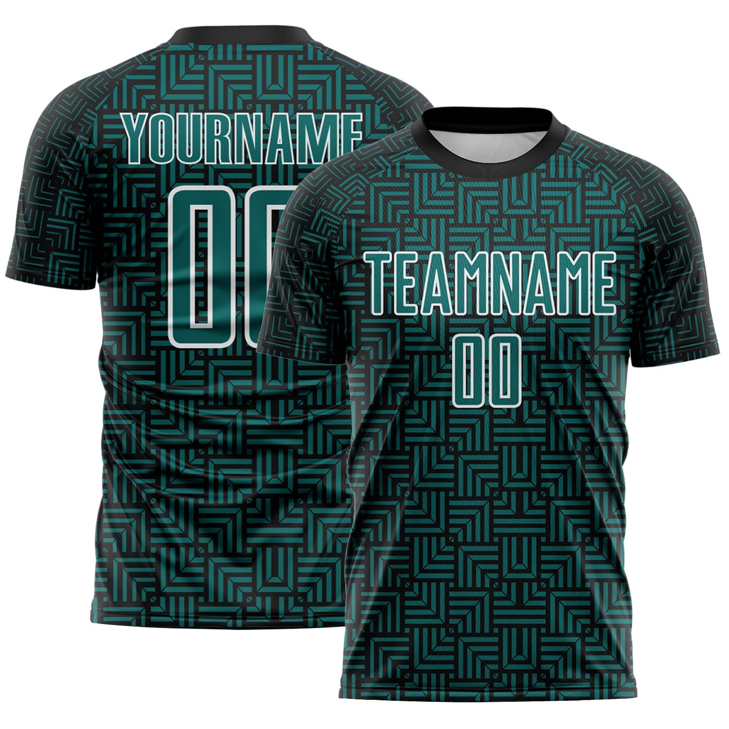 Custom Black Teal-White Geometric Maze Interlocking Square Sports Sublimation Soccer Uniform Jersey - Main View