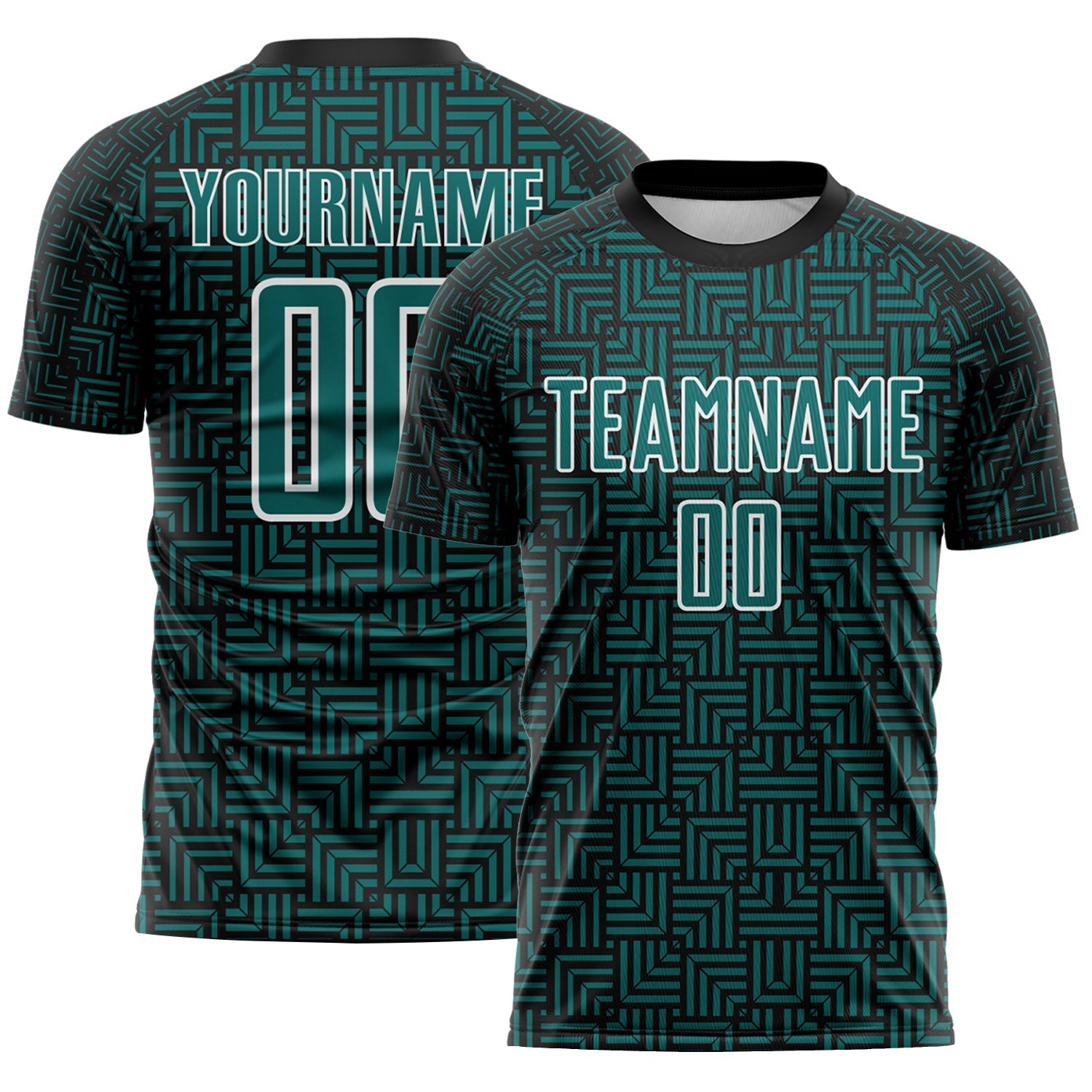 Custom Black Teal-White Geometric Maze Interlocking Square Sports Sublimation Soccer Uniform Jersey - Main View