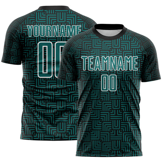 Custom Black Teal-White Geometric Maze Interlocking Square Sports Sublimation Soccer Uniform Jersey - Main View