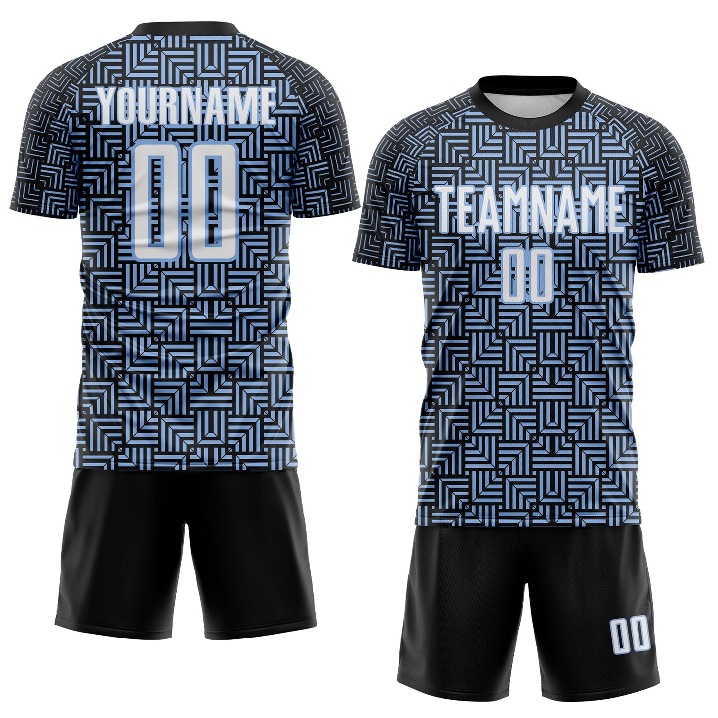 Custom Black White-Light Blue Geometric Maze Interlocking Square Sports Sublimation Soccer Uniform Jersey view 2