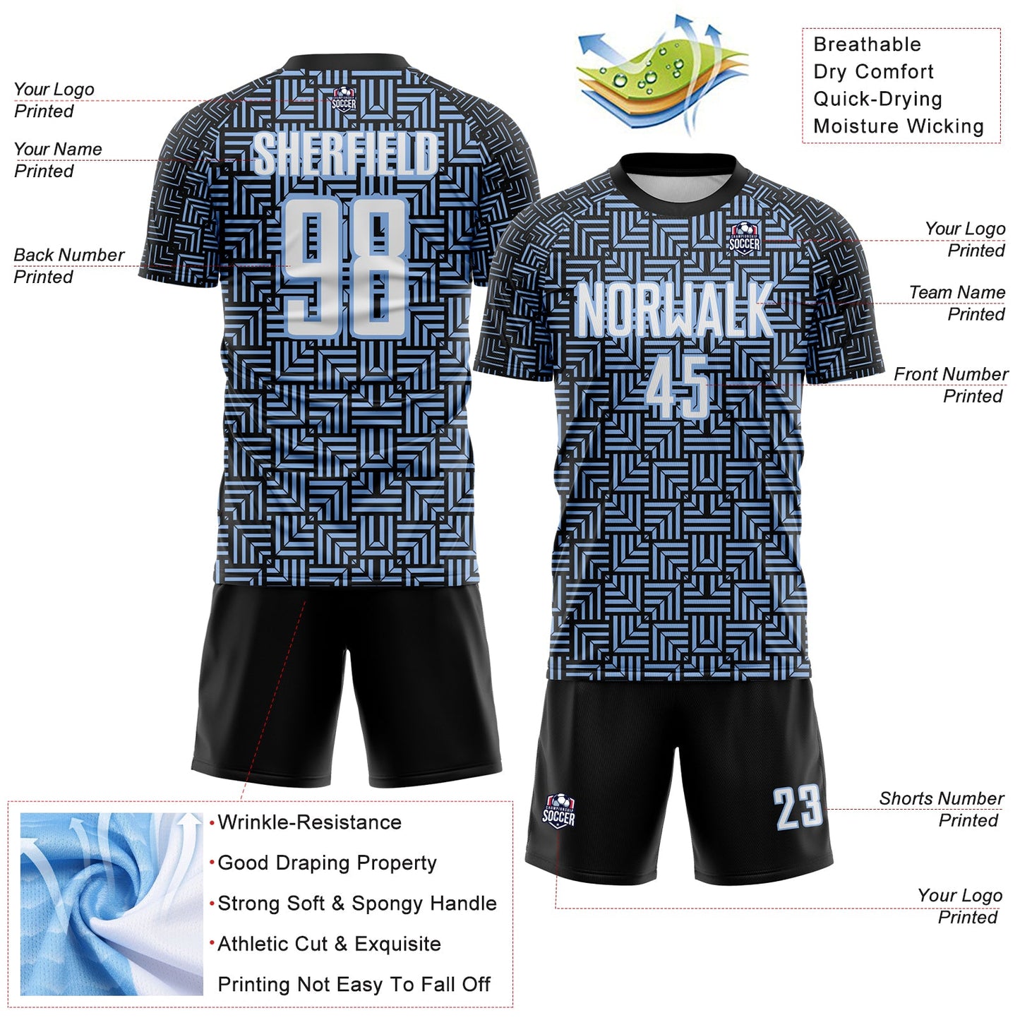Custom Black White-Light Blue Geometric Maze Interlocking Square Sports Sublimation Soccer Uniform Jersey view 4