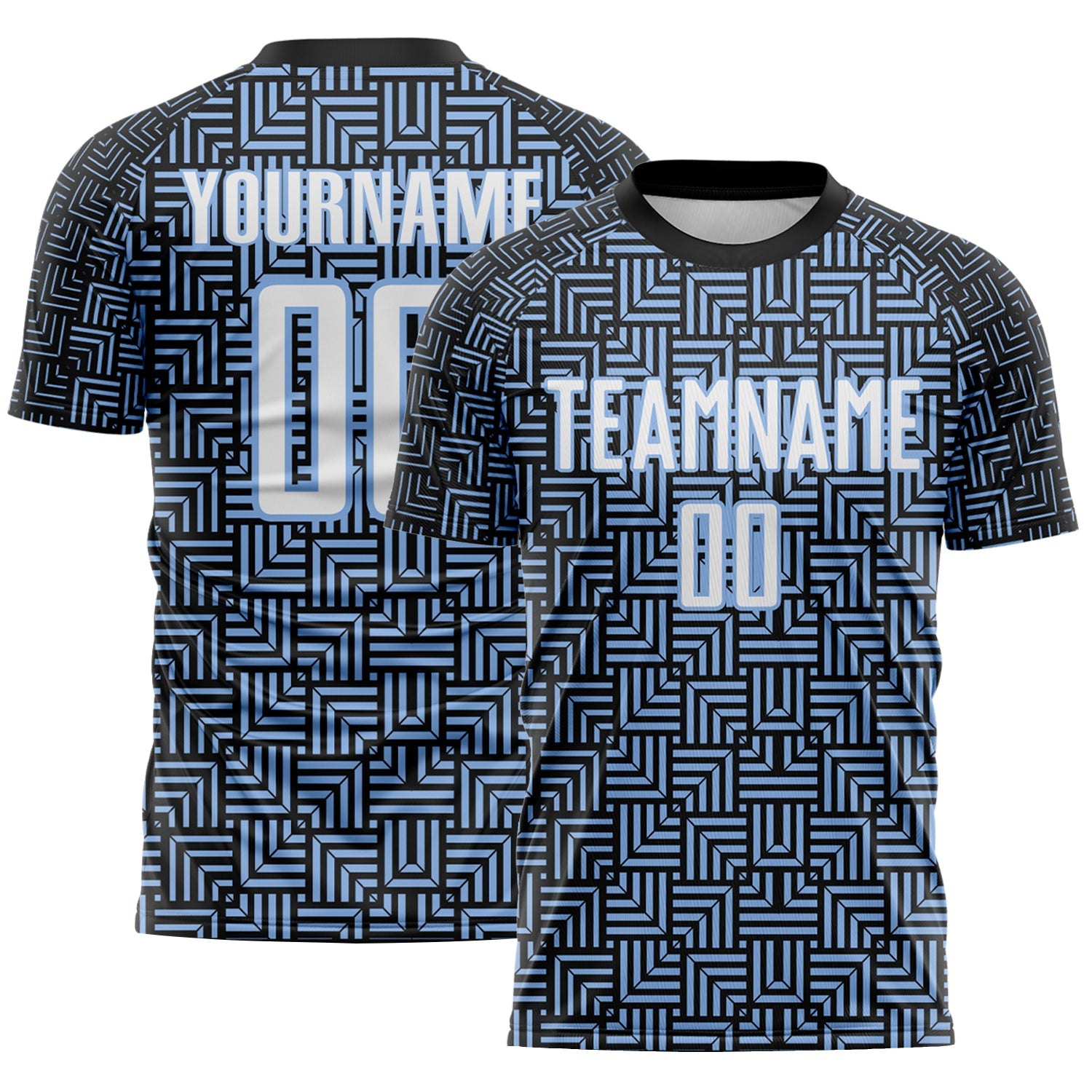 Custom Black White-Light Blue Geometric Maze Interlocking Square Sports Sublimation Soccer Uniform Jersey - Main View