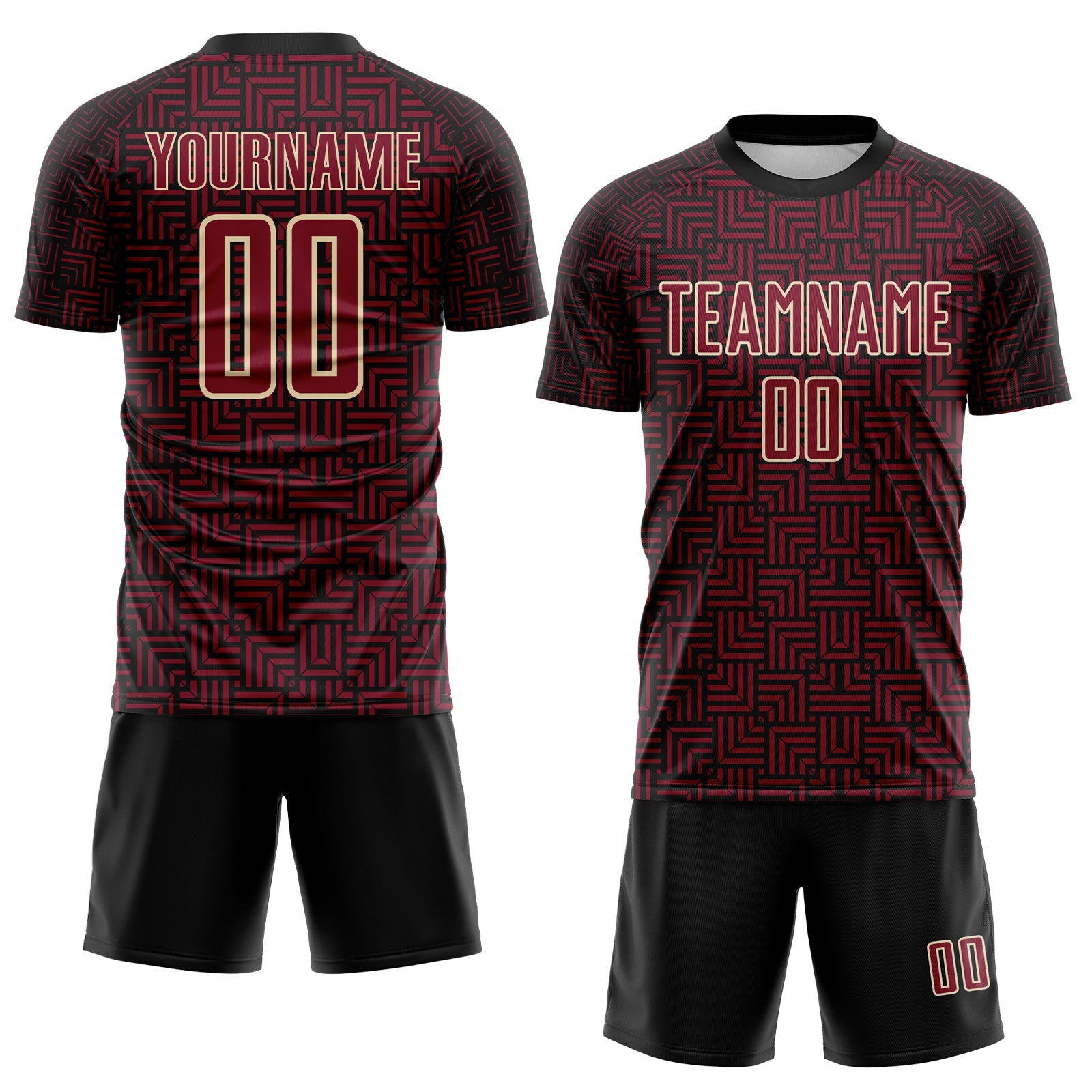 Custom Black Crimson-Cream Geometric Maze Interlocking Square Sports Sublimation Soccer Uniform Jersey view 2