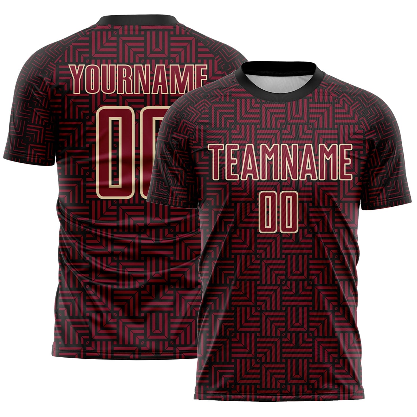Custom Black Crimson-Cream Geometric Maze Interlocking Square Sports Sublimation Soccer Uniform Jersey - Main View