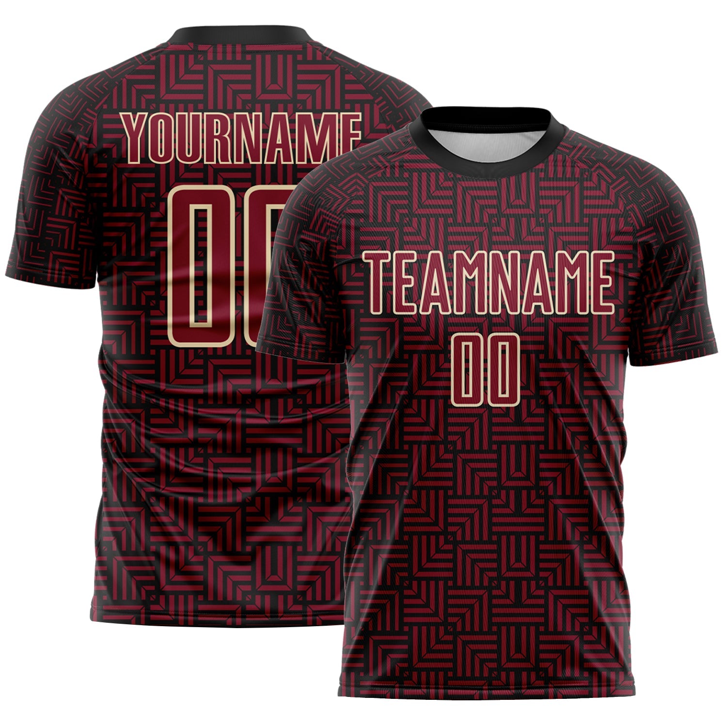 Custom Black Crimson-Cream Geometric Maze Interlocking Square Sports Sublimation Soccer Uniform Jersey - Main View