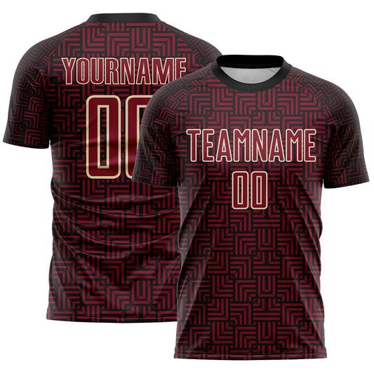Custom Black Crimson-Cream Geometric Maze Interlocking Square Sports Sublimation Soccer Uniform Jersey - Main View
