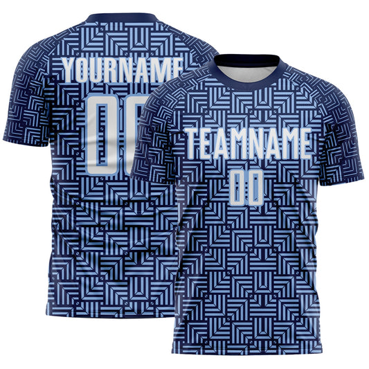 Custom Navy White-Light Blue Geometric Maze Interlocking Square Sports Sublimation Soccer Uniform Jersey - Main View