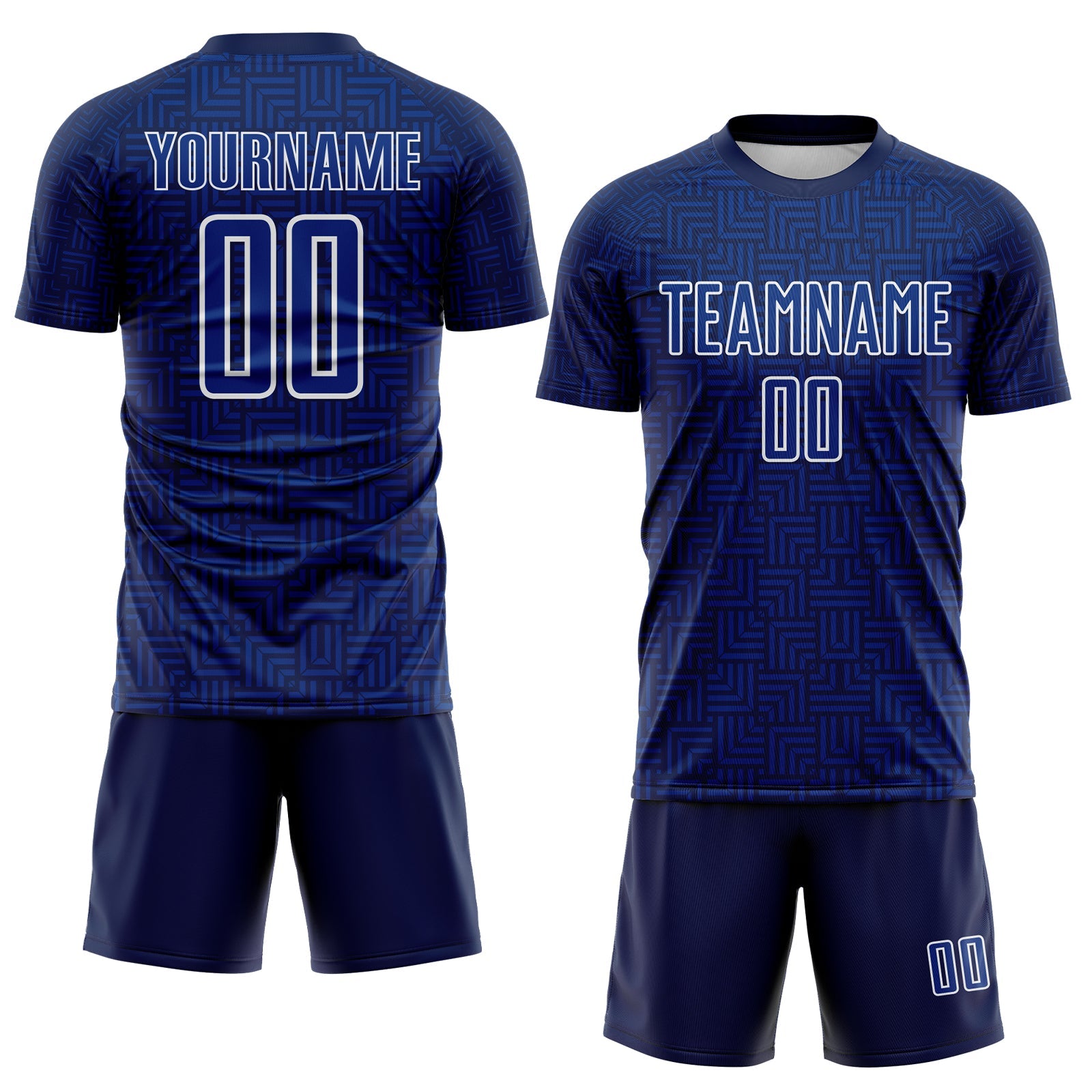 Custom Navy Royal-White Geometric Maze Interlocking Square Sports Sublimation Soccer Uniform Jersey view 2