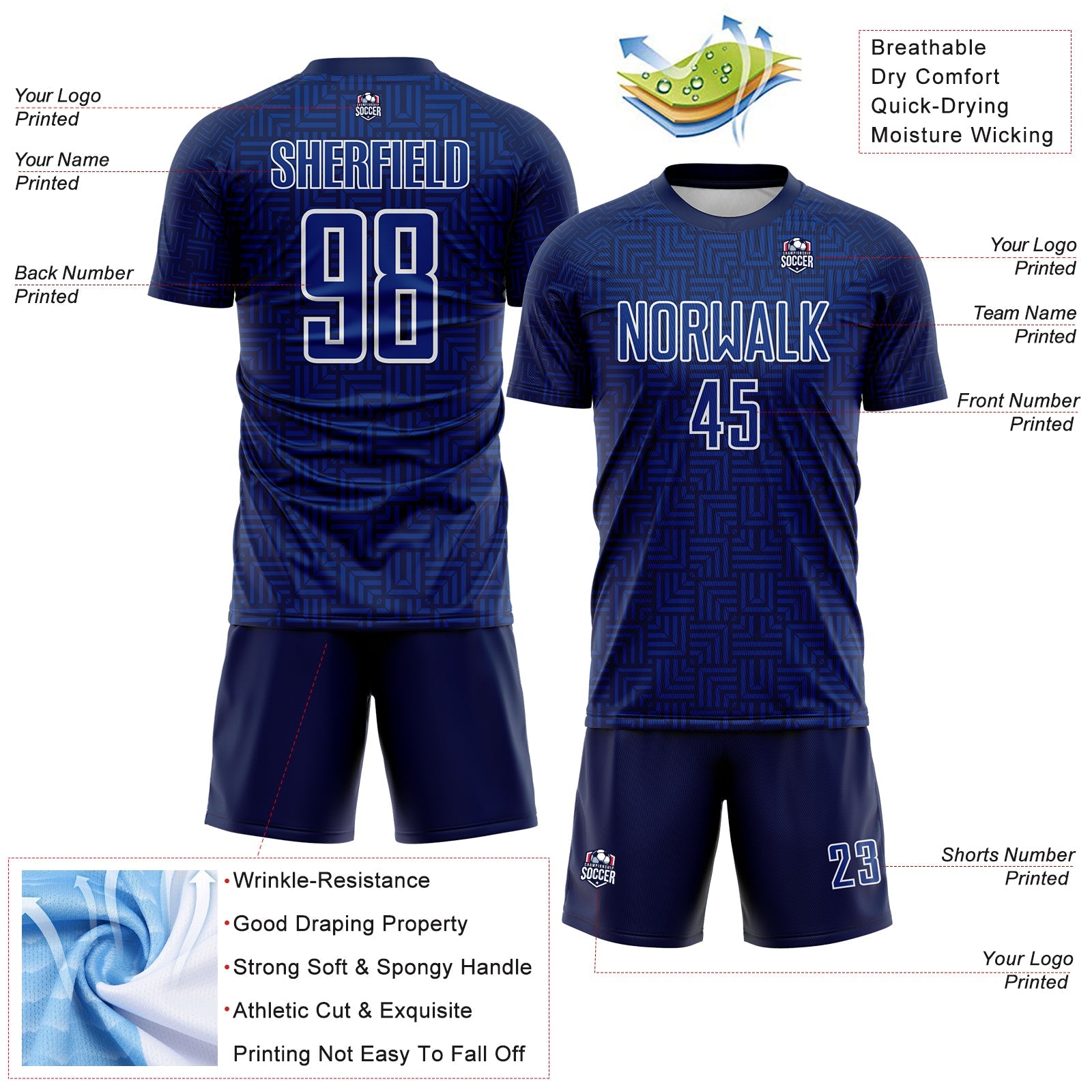 Custom Navy Royal-White Geometric Maze Interlocking Square Sports Sublimation Soccer Uniform Jersey view 4