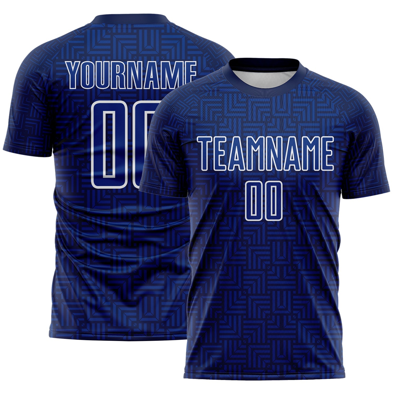 Custom Navy Royal-White Geometric Maze Interlocking Square Sports Sublimation Soccer Uniform Jersey - Main View