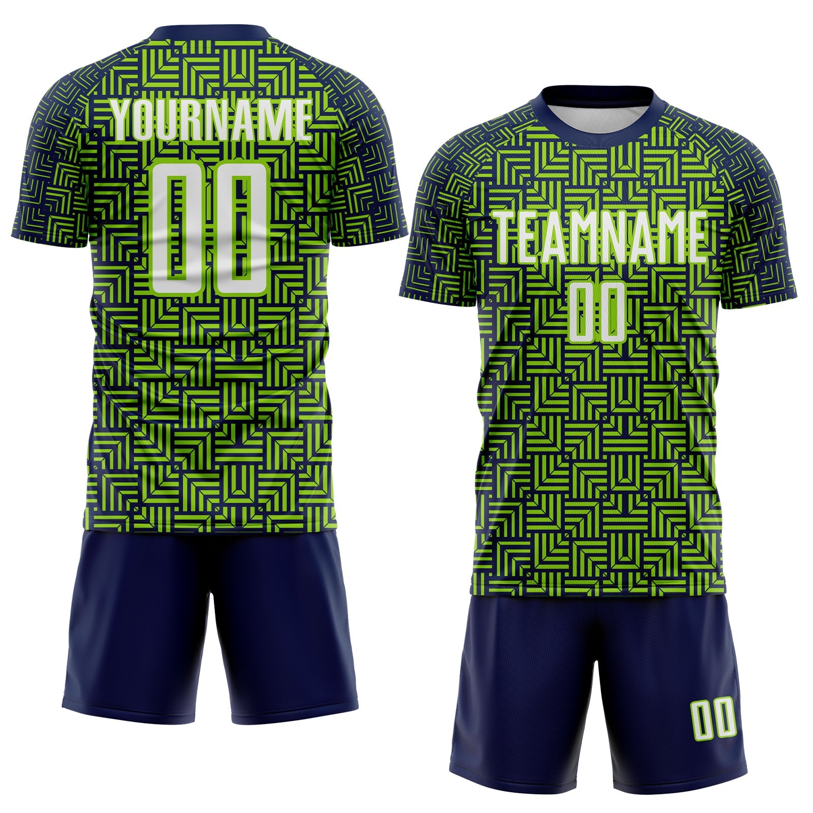 Custom Navy White-Neon Green Geometric Maze Interlocking Square Sports Sublimation Soccer Uniform Jersey view 2
