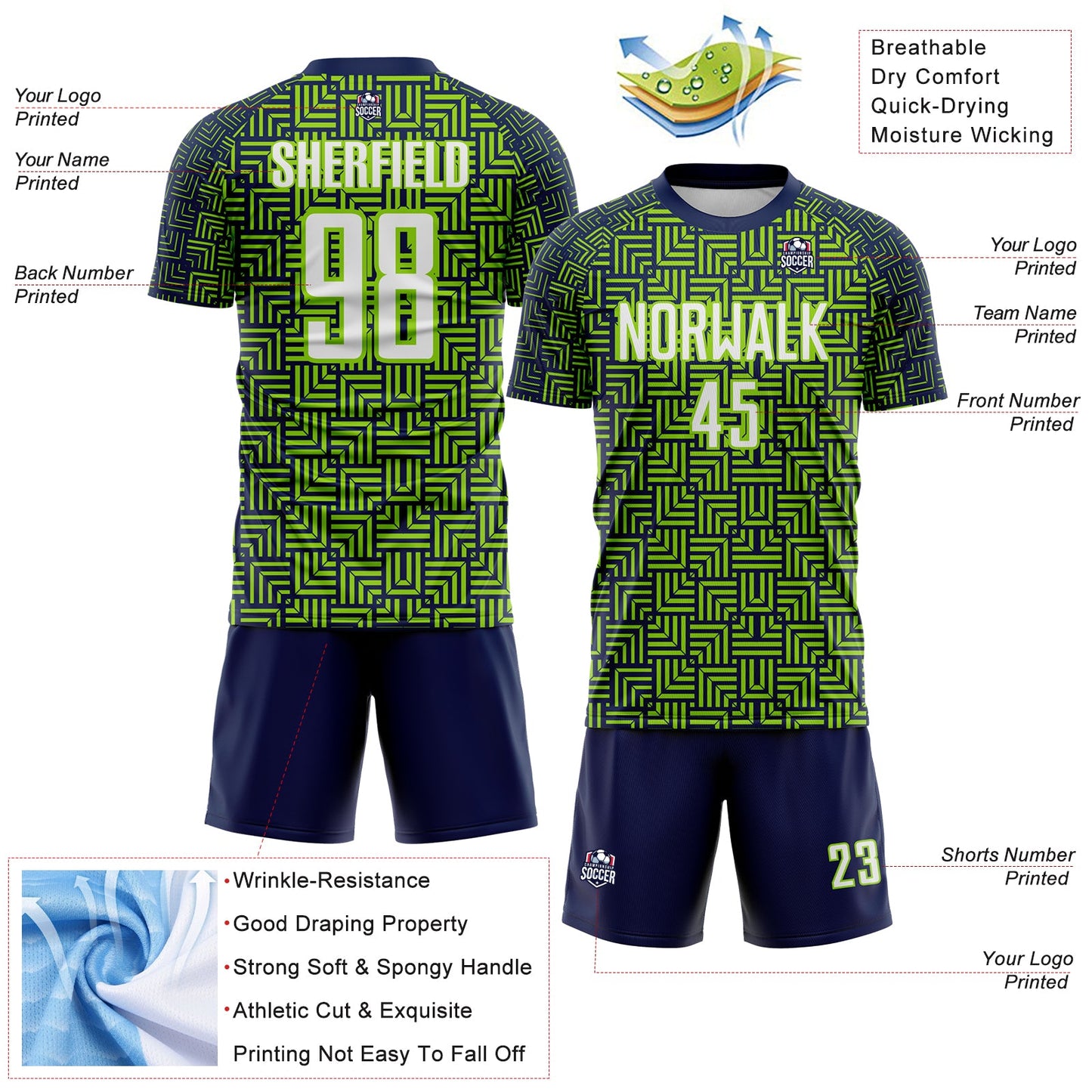 Custom Navy White-Neon Green Geometric Maze Interlocking Square Sports Sublimation Soccer Uniform Jersey view 4