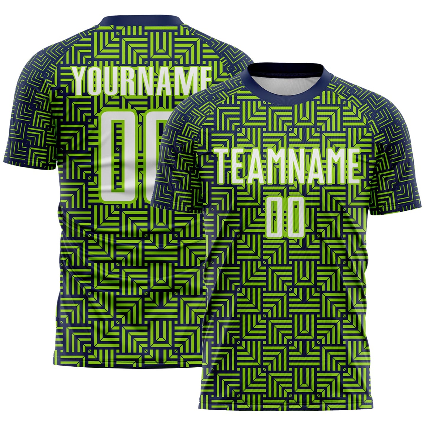 Custom Navy White-Neon Green Geometric Maze Interlocking Square Sports Sublimation Soccer Uniform Jersey - Main View