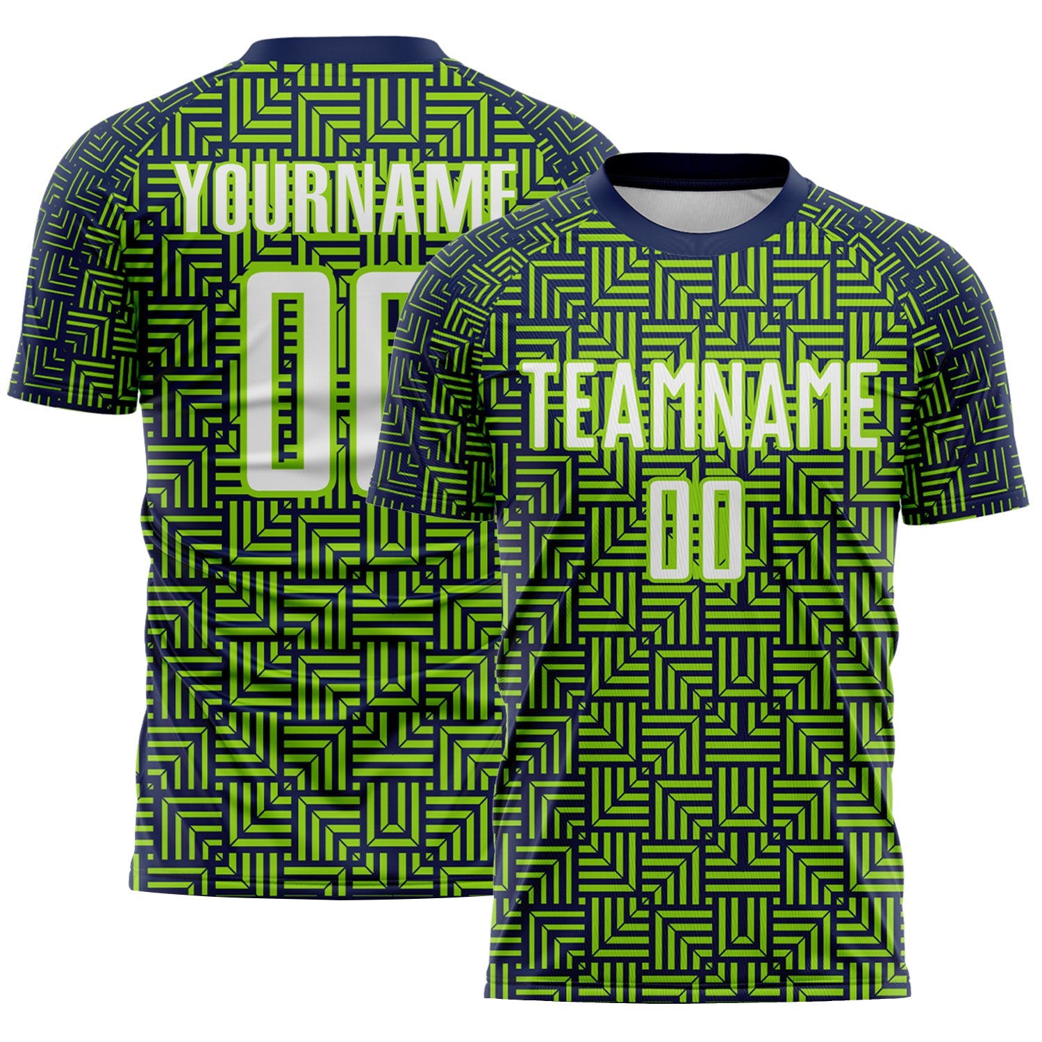 Custom Navy White-Neon Green Geometric Maze Interlocking Square Sports Sublimation Soccer Uniform Jersey - Main View