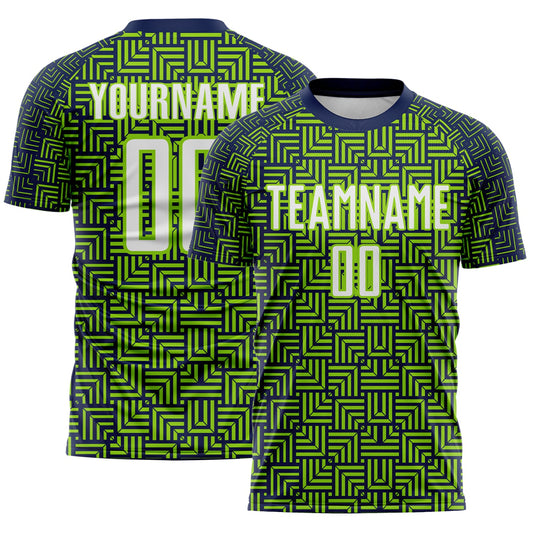 Custom Navy White-Neon Green Geometric Maze Interlocking Square Sports Sublimation Soccer Uniform Jersey - Main View