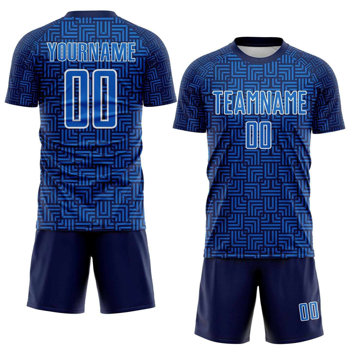 Custom Navy Blue-White Geometric Maze Interlocking Square Sports Sublimation Soccer Uniform Jersey view 2