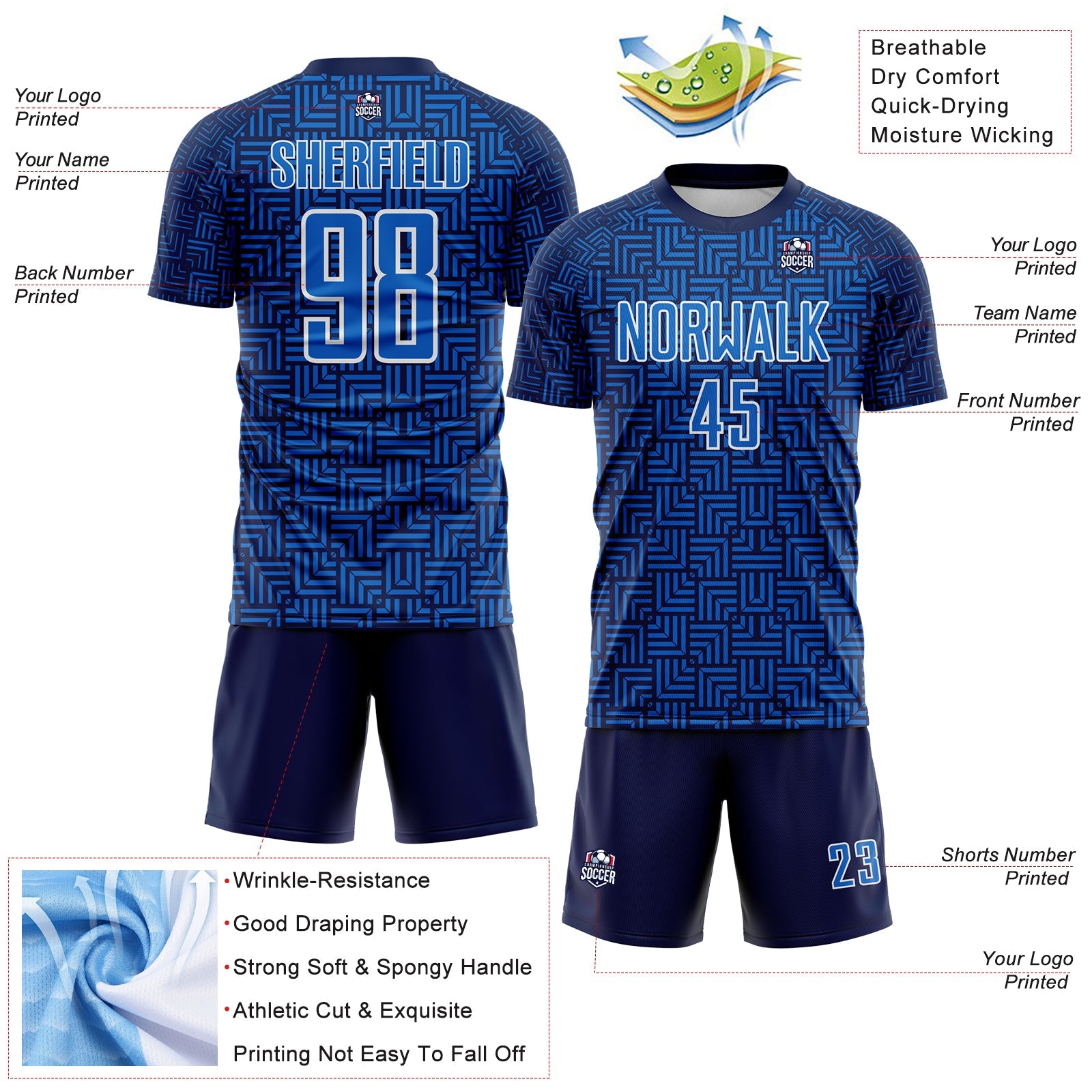 Custom Navy Blue-White Geometric Maze Interlocking Square Sports Sublimation Soccer Uniform Jersey view 4