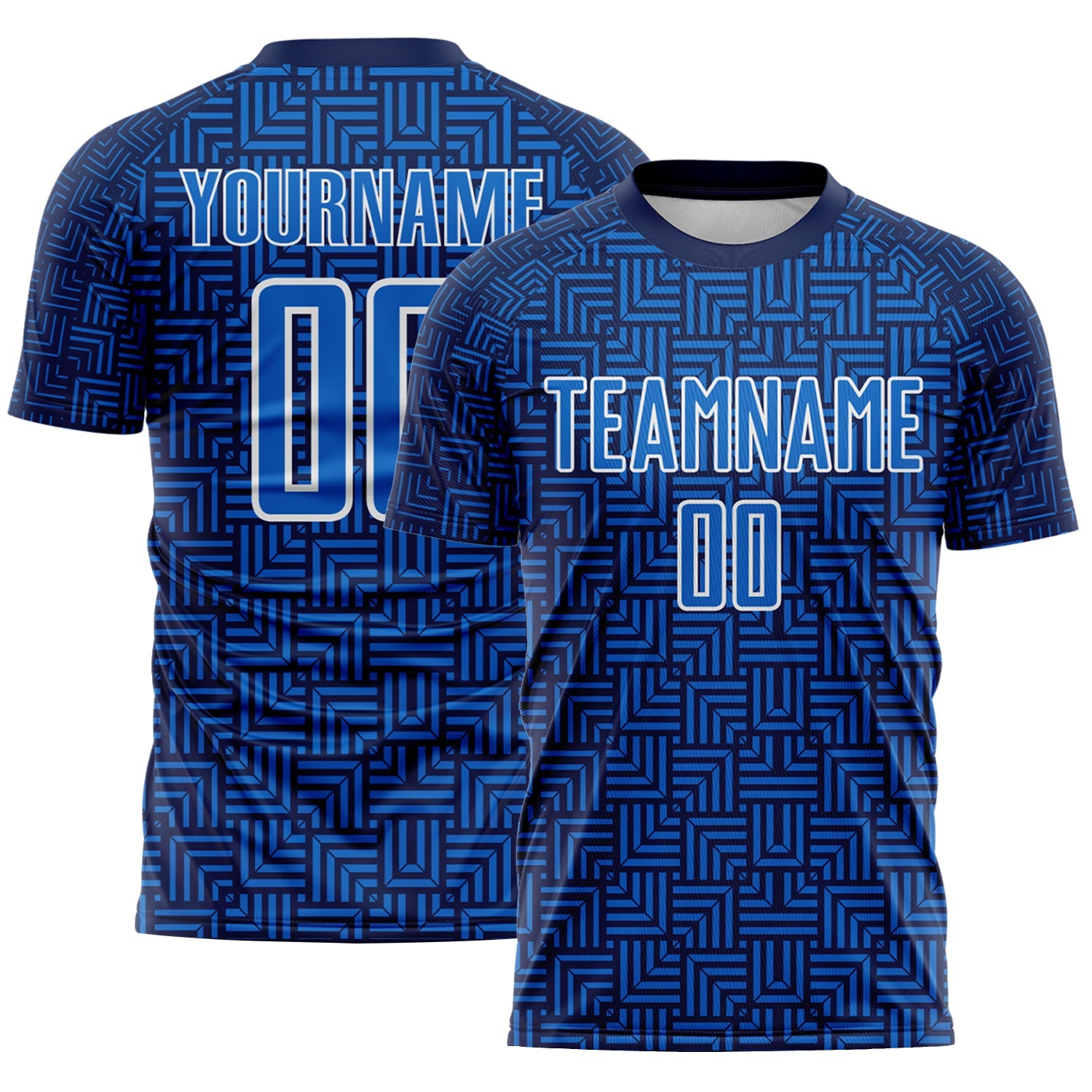 Custom Navy Blue-White Geometric Maze Interlocking Square Sports Sublimation Soccer Uniform Jersey - Main View